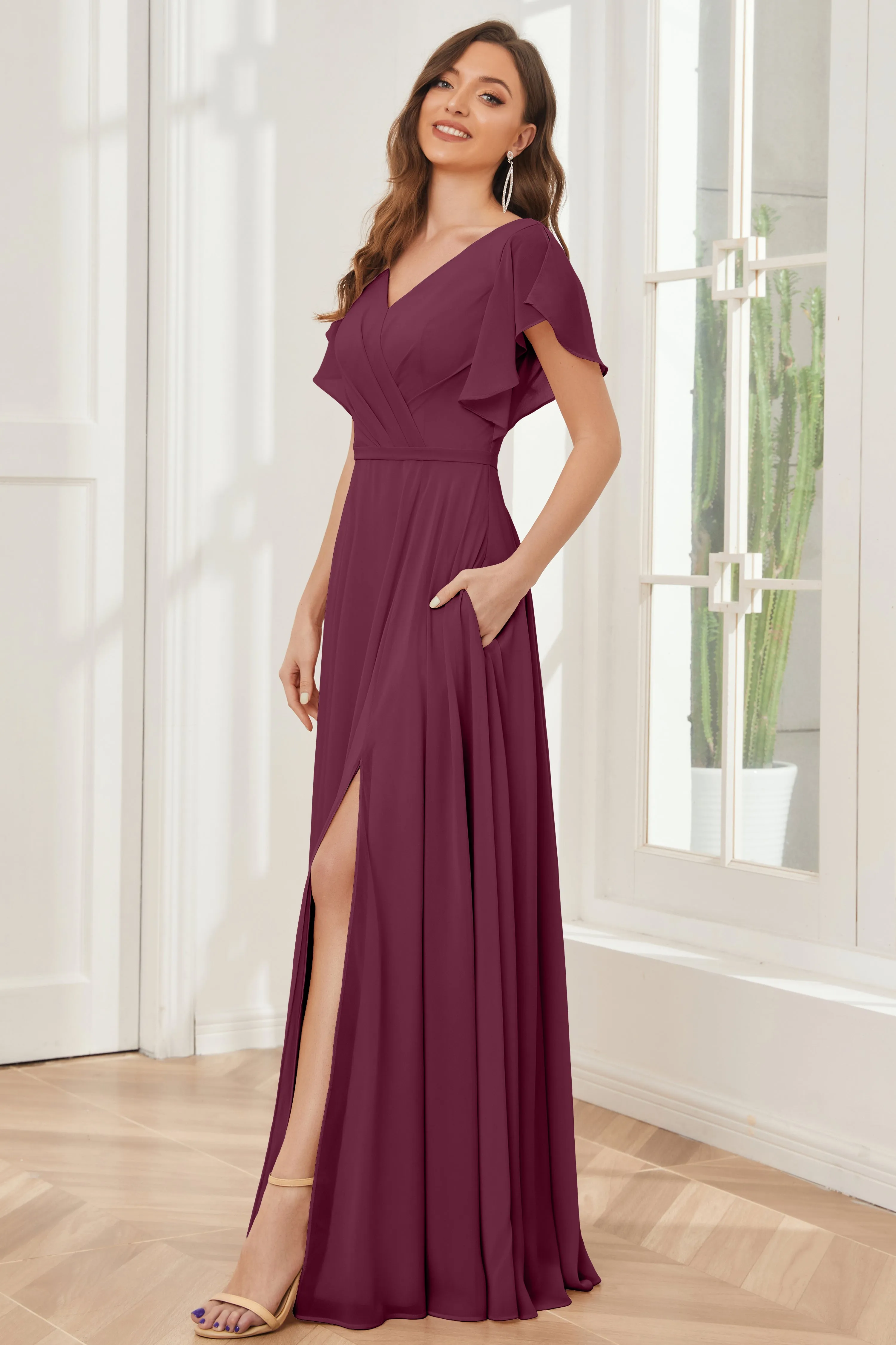 A-line V-neck Ruffle Sleeves Chiffon Bridesmaid Dresses