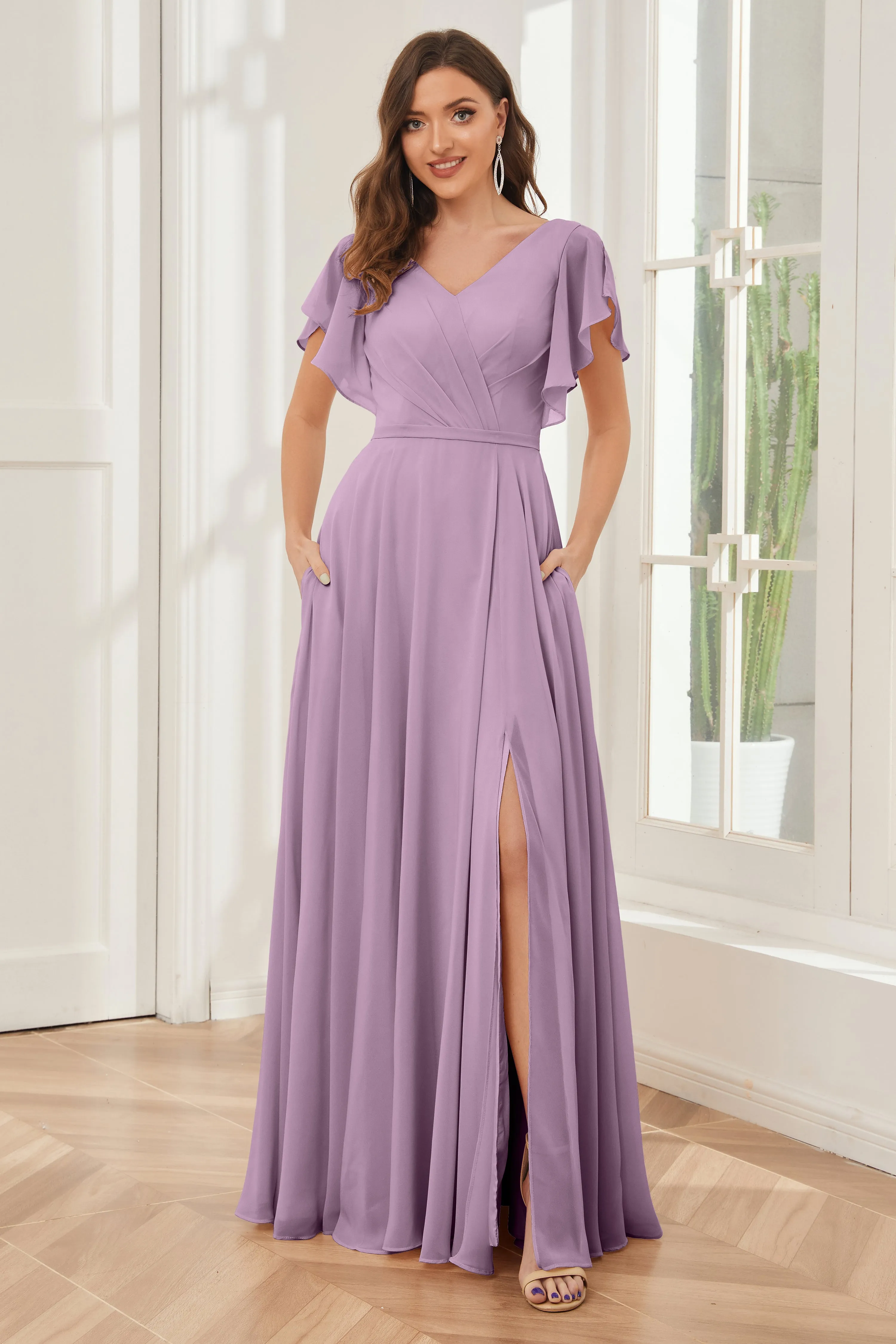 A-line V-neck Ruffle Sleeves Chiffon Bridesmaid Dresses