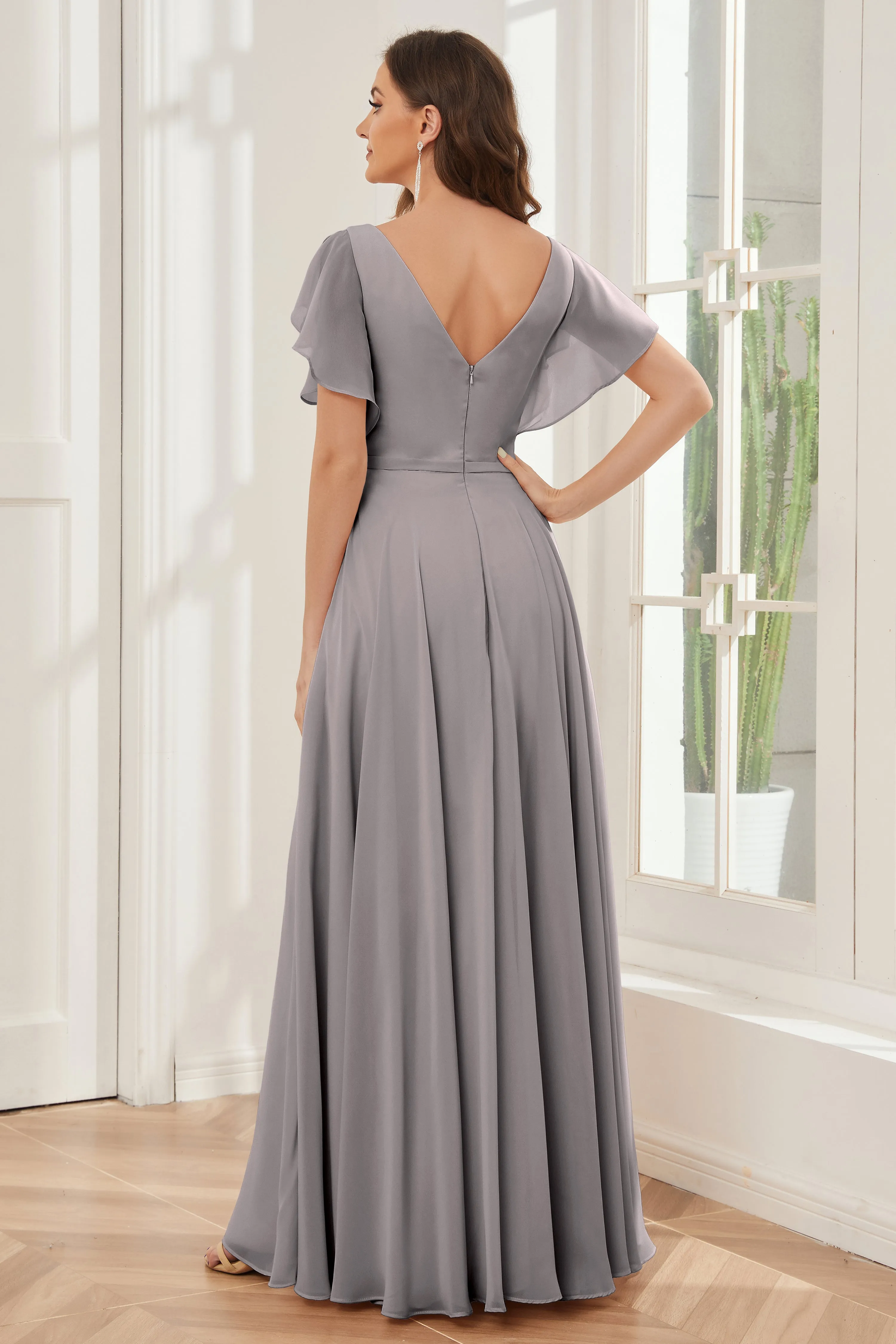 A-line V-neck Ruffle Sleeves Chiffon Bridesmaid Dresses