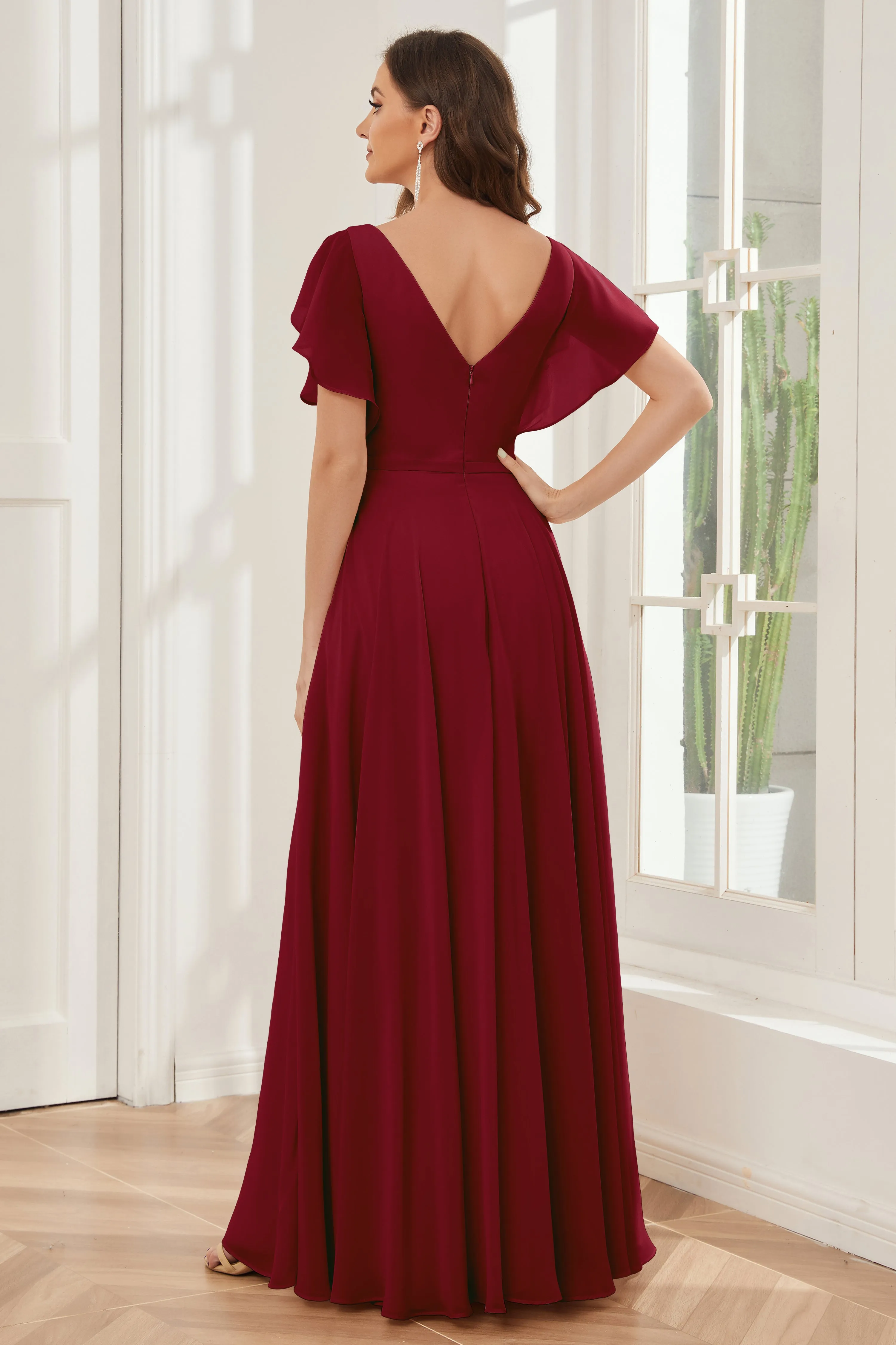 A-line V-neck Ruffle Sleeves Chiffon Bridesmaid Dresses