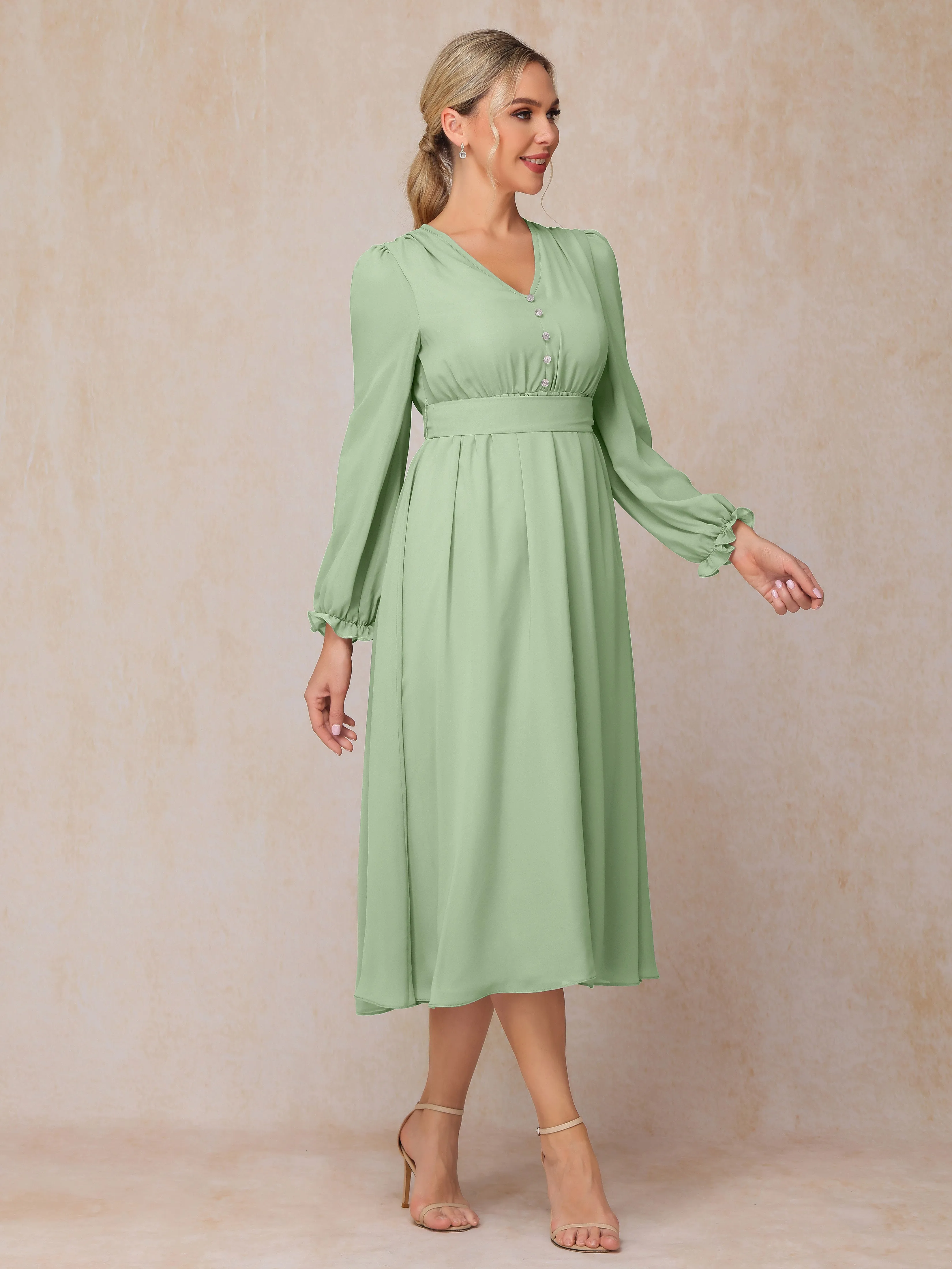 A-Line V Neck Tea-Length Chiffon Mother of the Bride Dresses With Belt