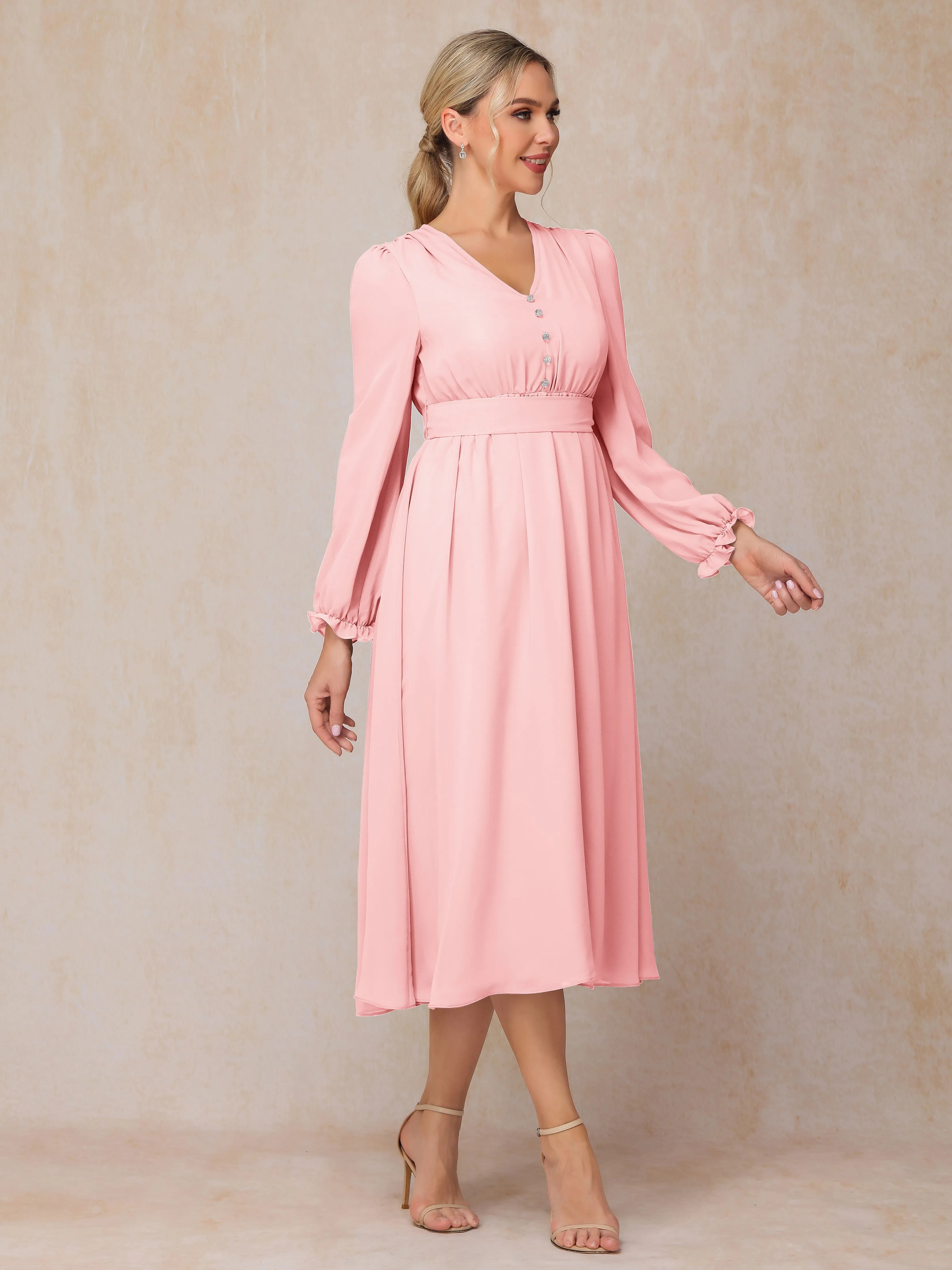 A-Line V Neck Tea-Length Chiffon Mother of the Bride Dresses With Belt