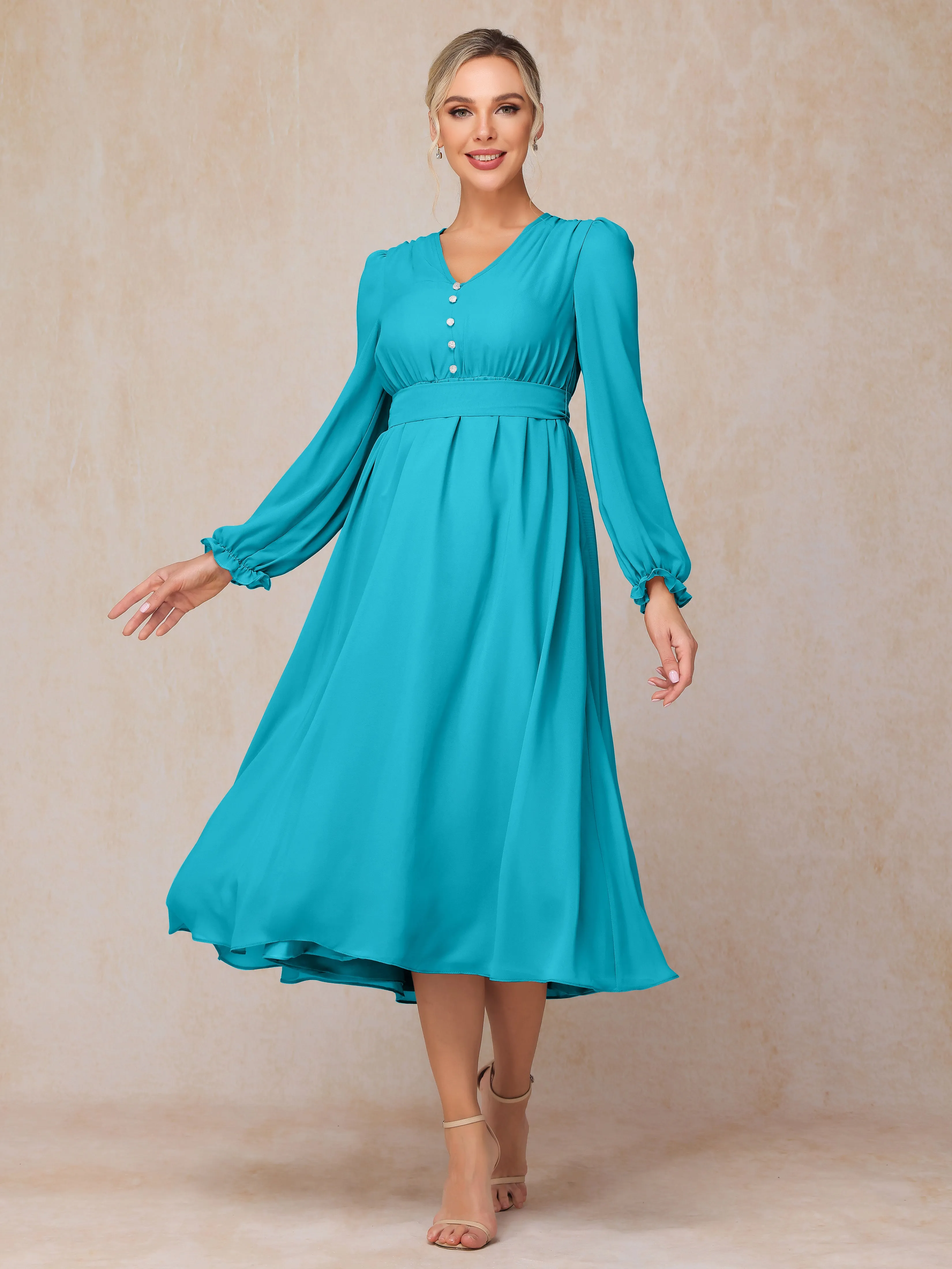 A-Line V Neck Tea-Length Chiffon Mother of the Bride Dresses With Belt