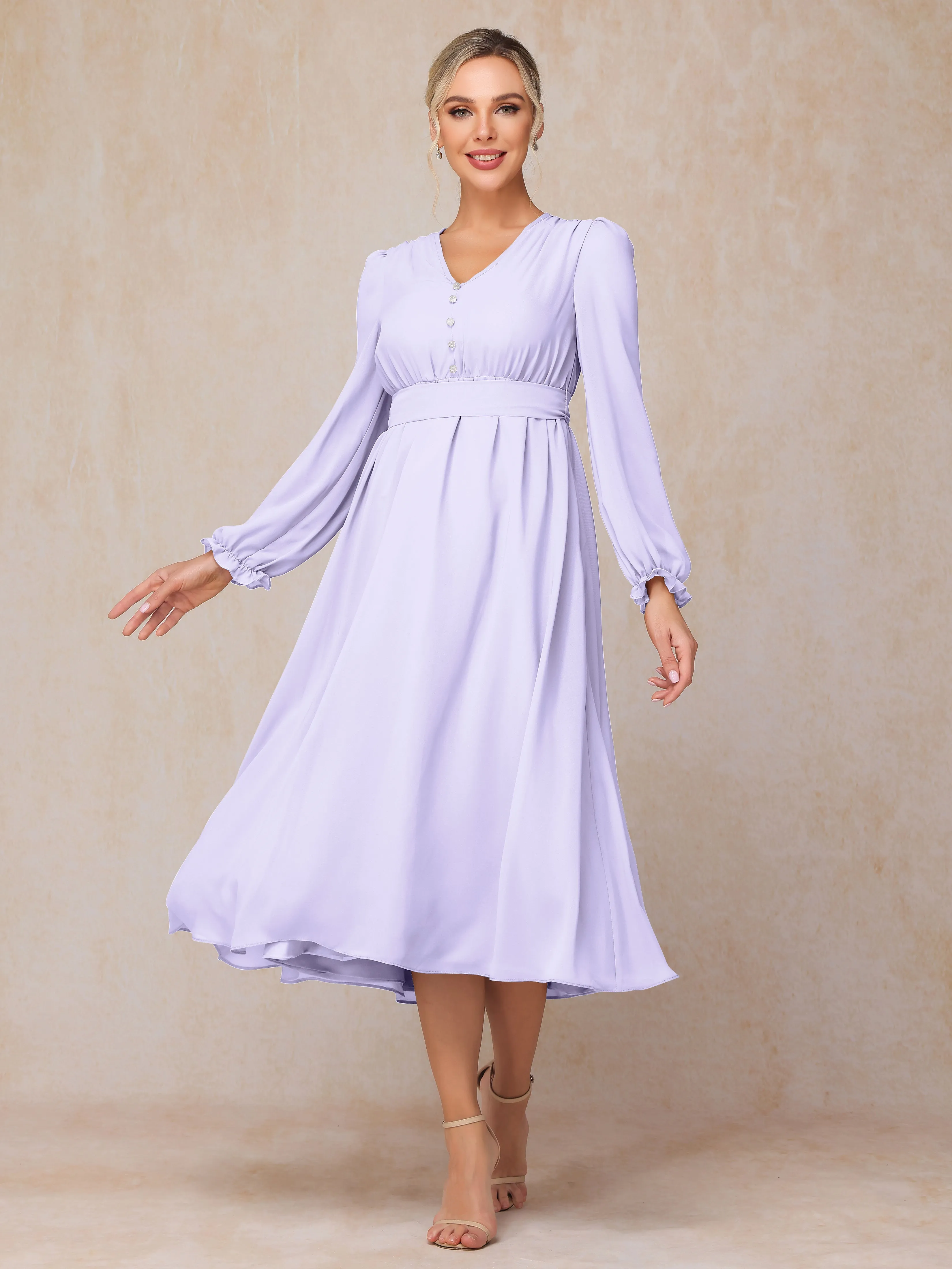 A-Line V Neck Tea-Length Chiffon Mother of the Bride Dresses With Belt