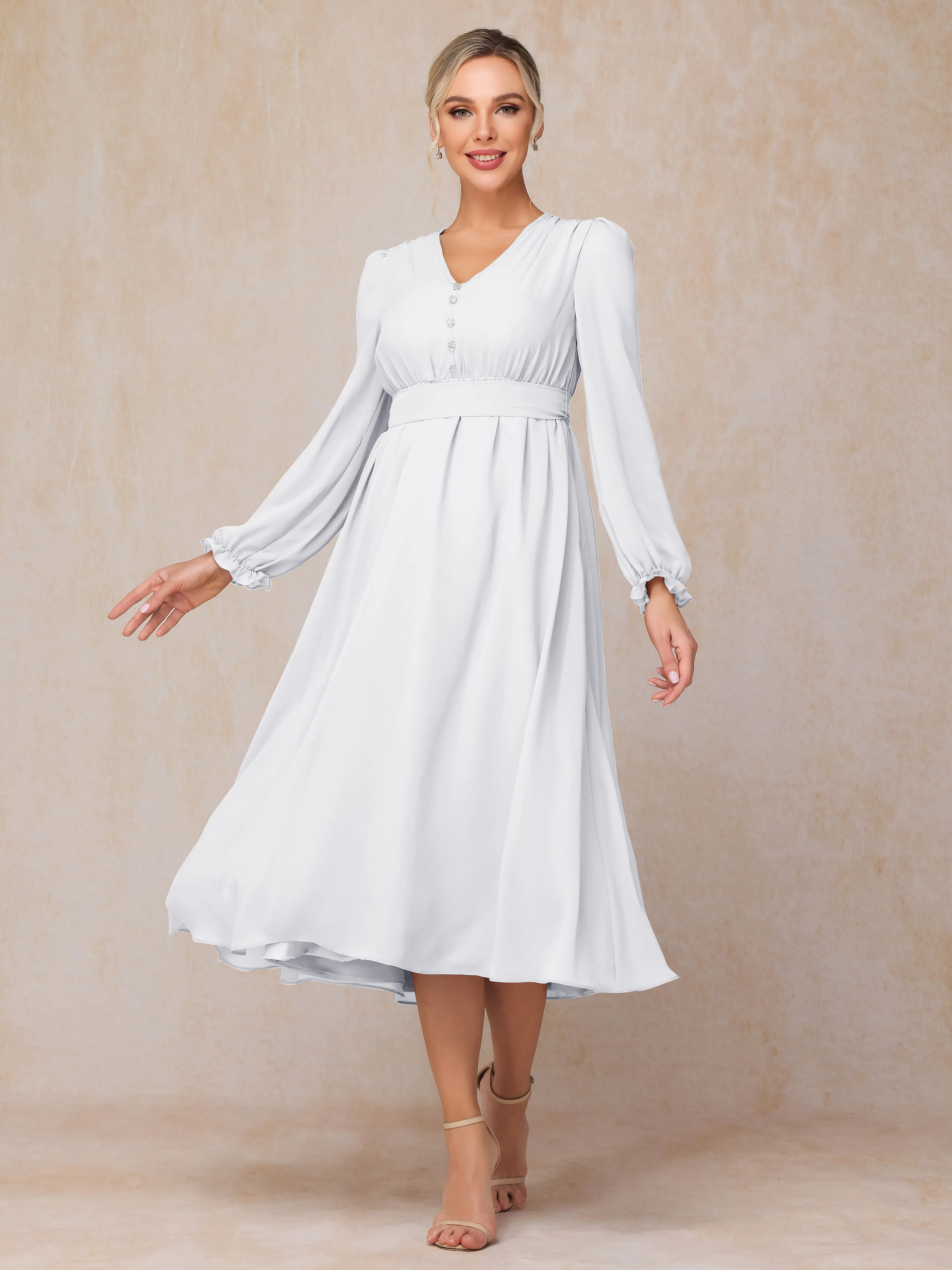 A-Line V Neck Tea-Length Chiffon Mother of the Bride Dresses With Belt