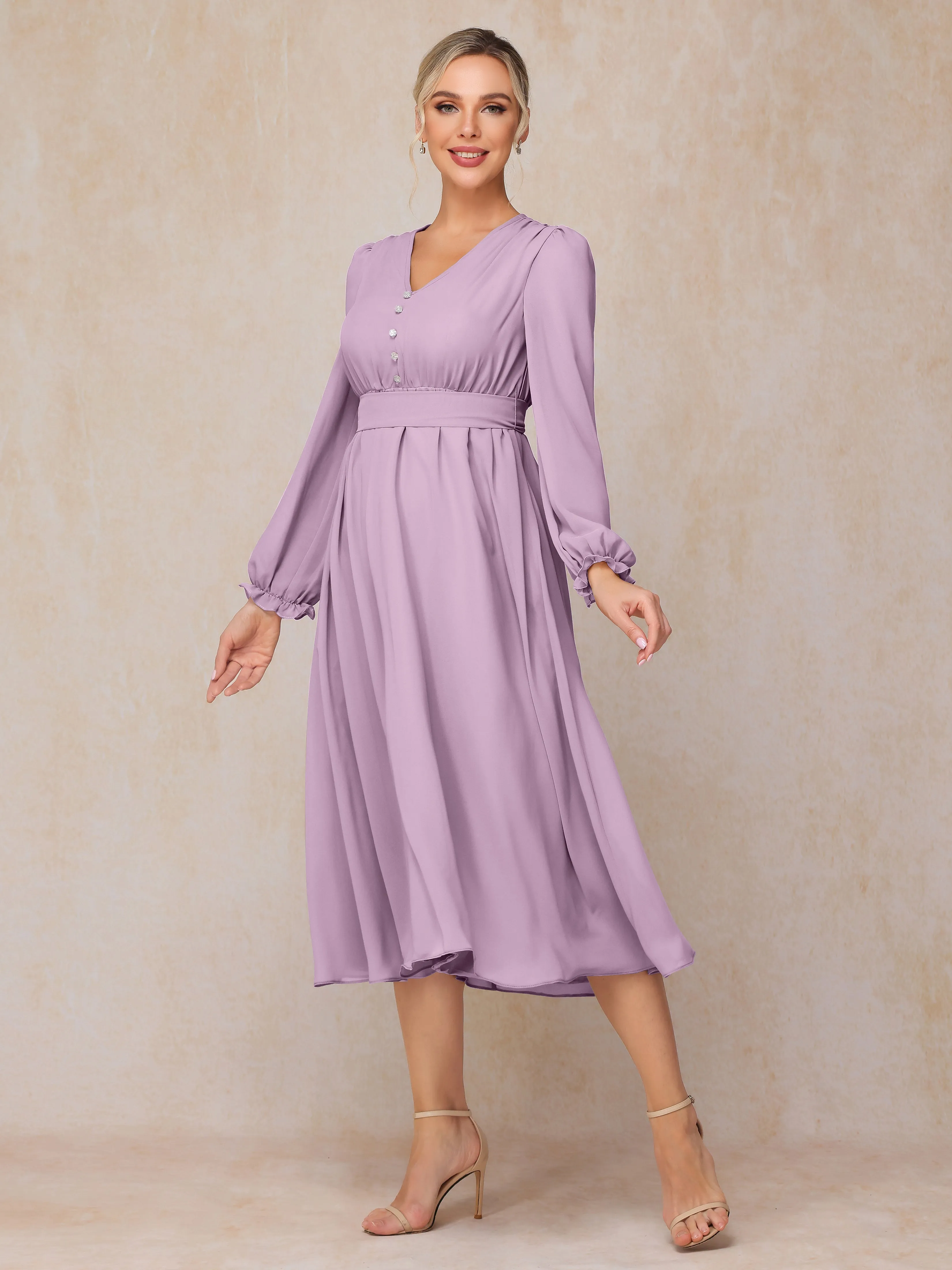 A-Line V Neck Tea-Length Chiffon Mother of the Bride Dresses With Belt