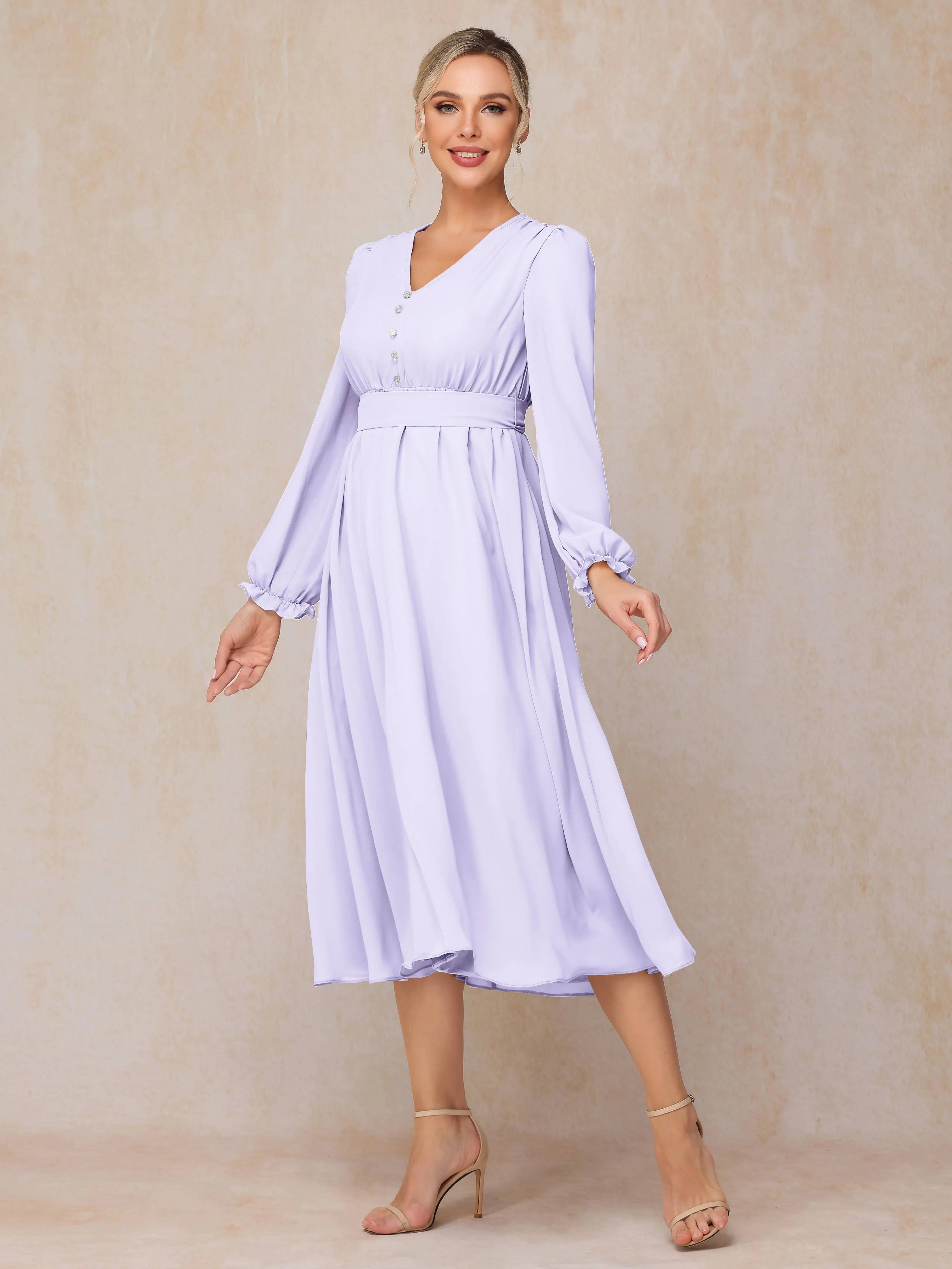 A-Line V Neck Tea-Length Chiffon Mother of the Bride Dresses With Belt