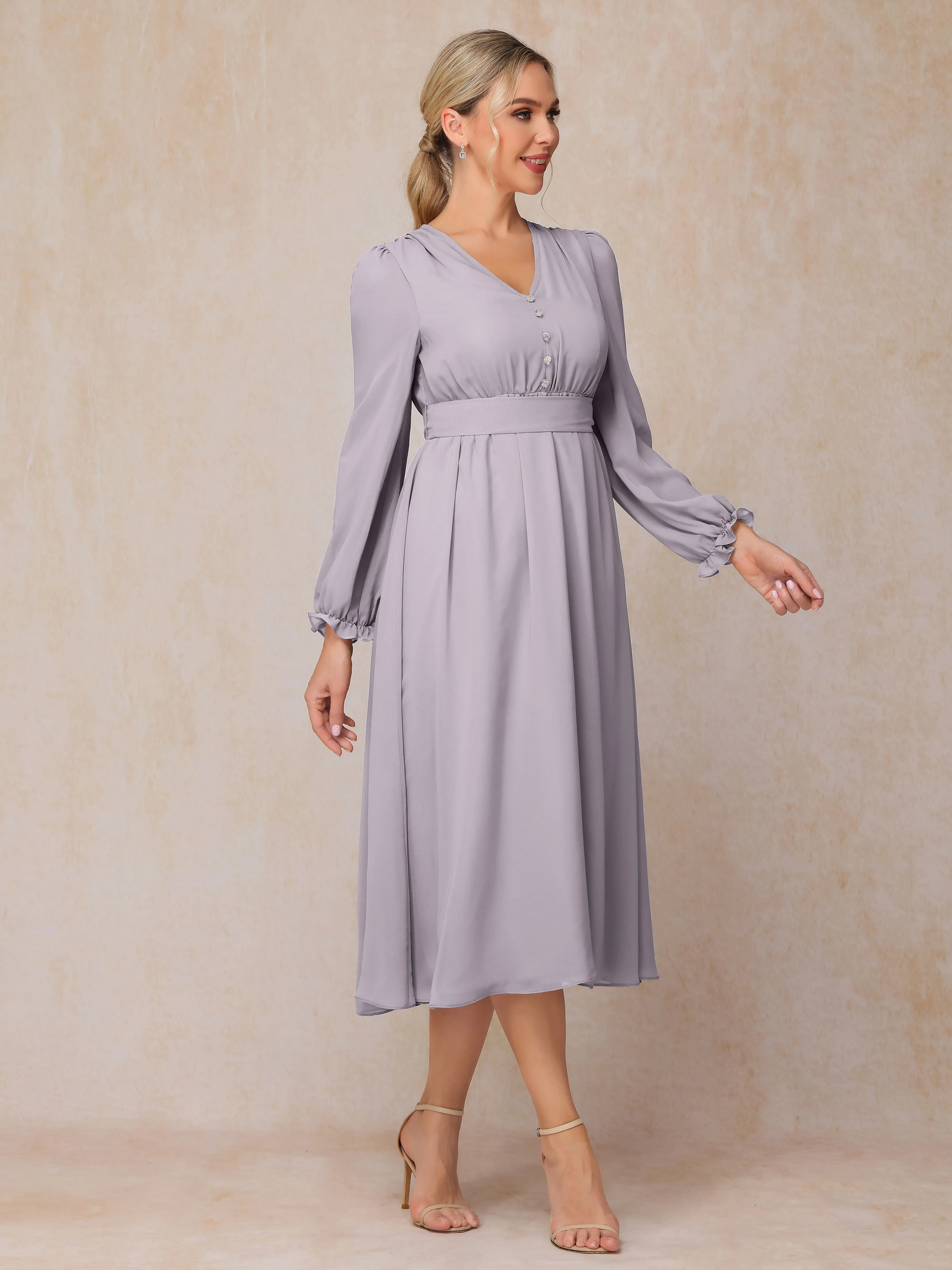 A-Line V Neck Tea-Length Chiffon Mother of the Bride Dresses With Belt