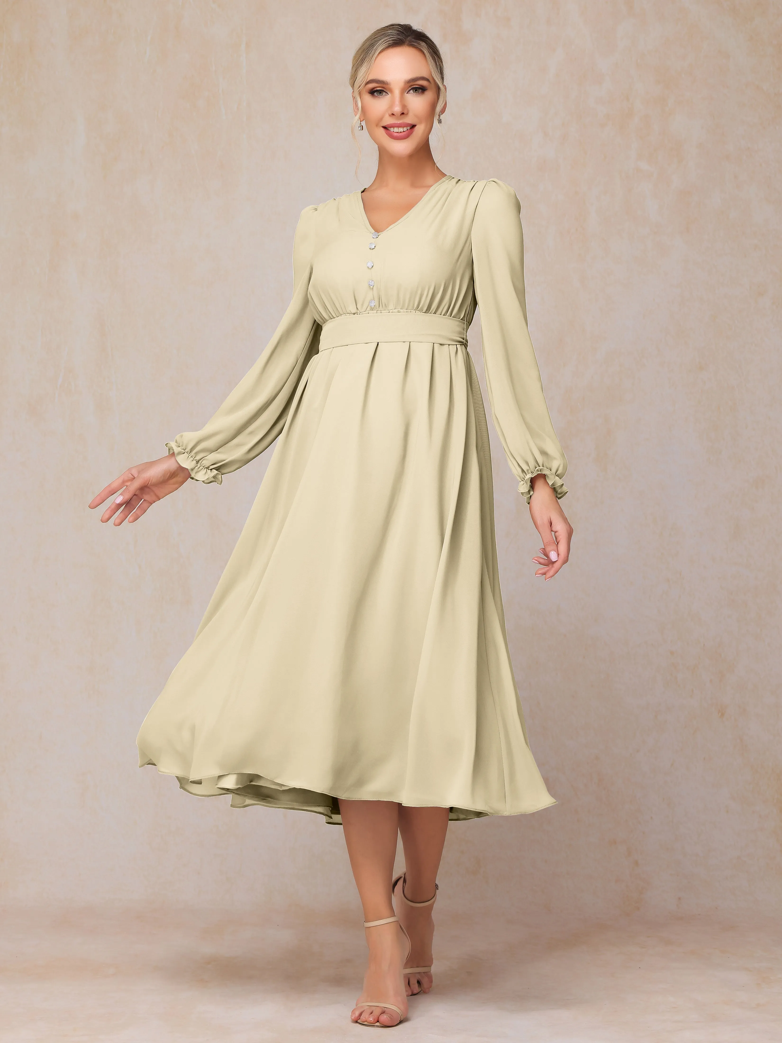 A-Line V Neck Tea-Length Chiffon Mother of the Bride Dresses With Belt