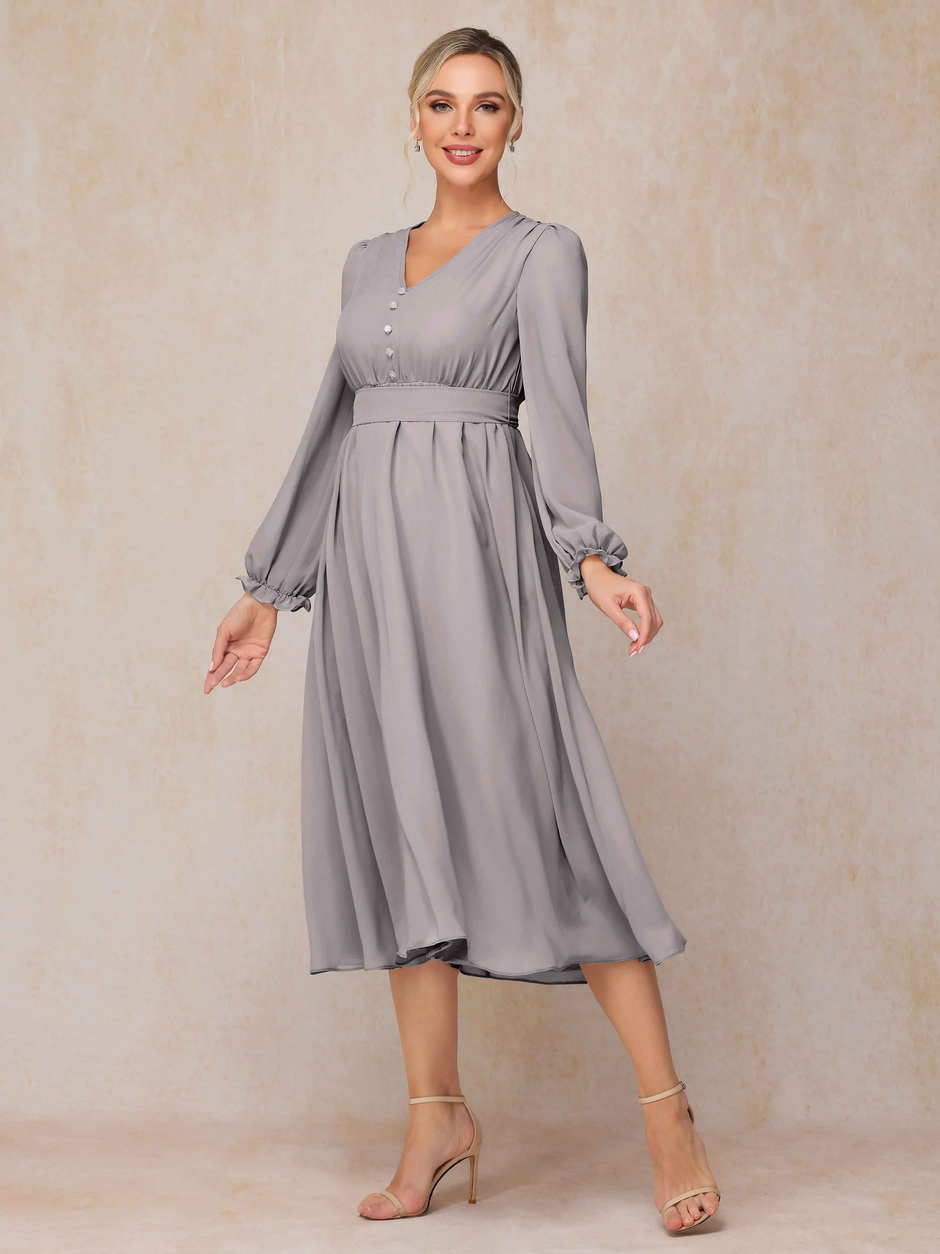 A-Line V Neck Tea-Length Chiffon Mother of the Bride Dresses With Belt