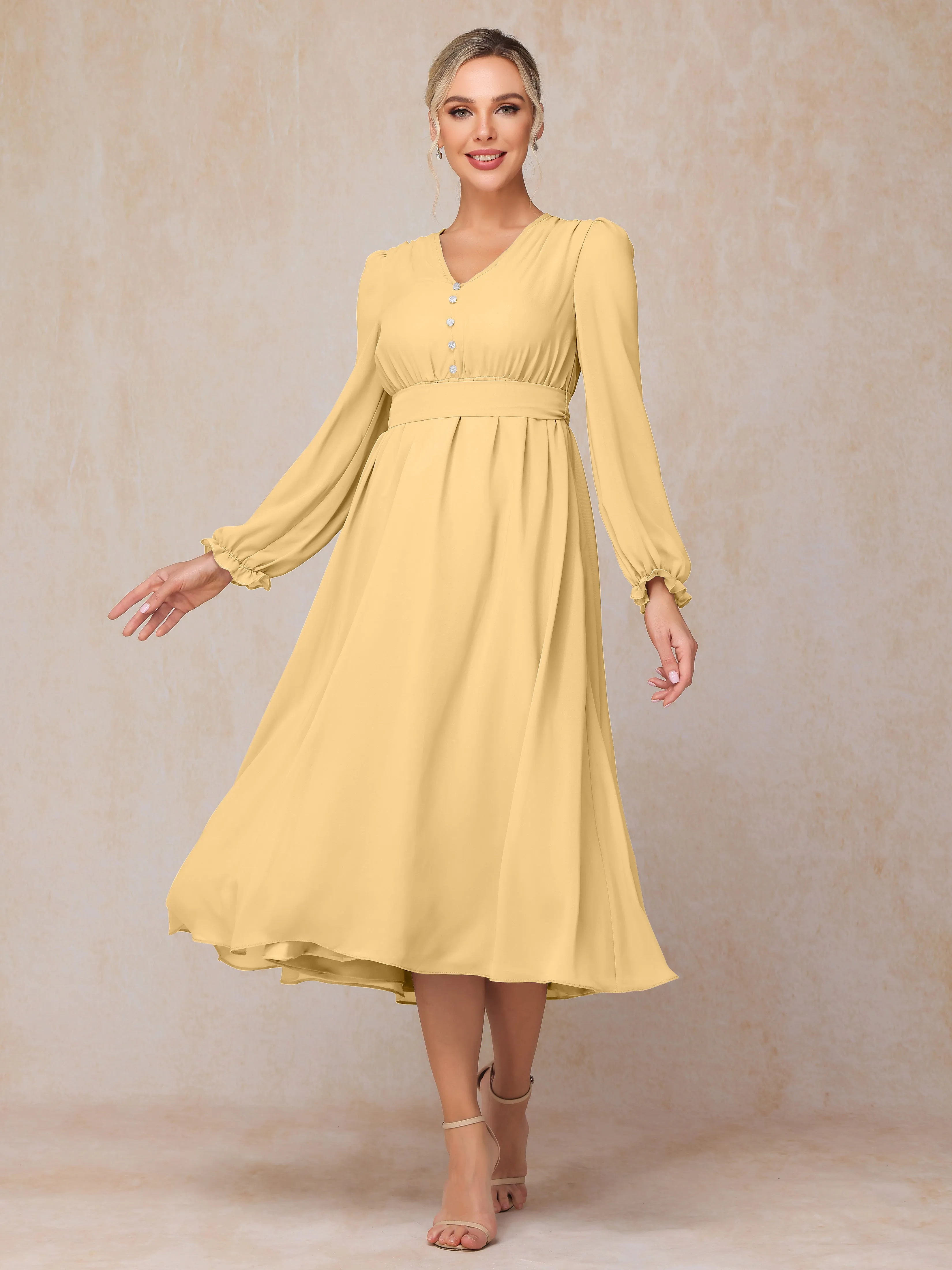 A-Line V Neck Tea-Length Chiffon Mother of the Bride Dresses With Belt