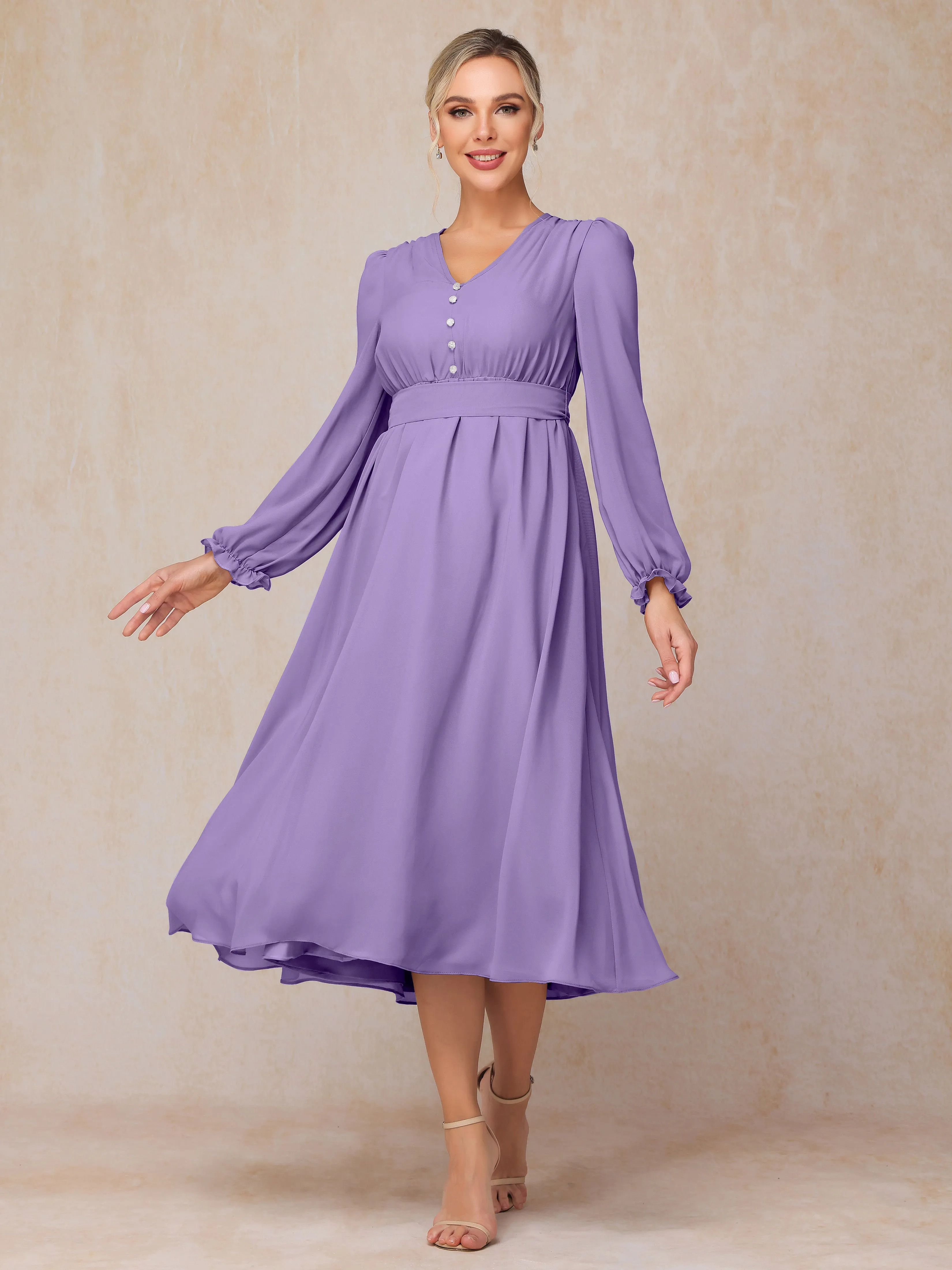 A-Line V Neck Tea-Length Chiffon Mother of the Bride Dresses With Belt