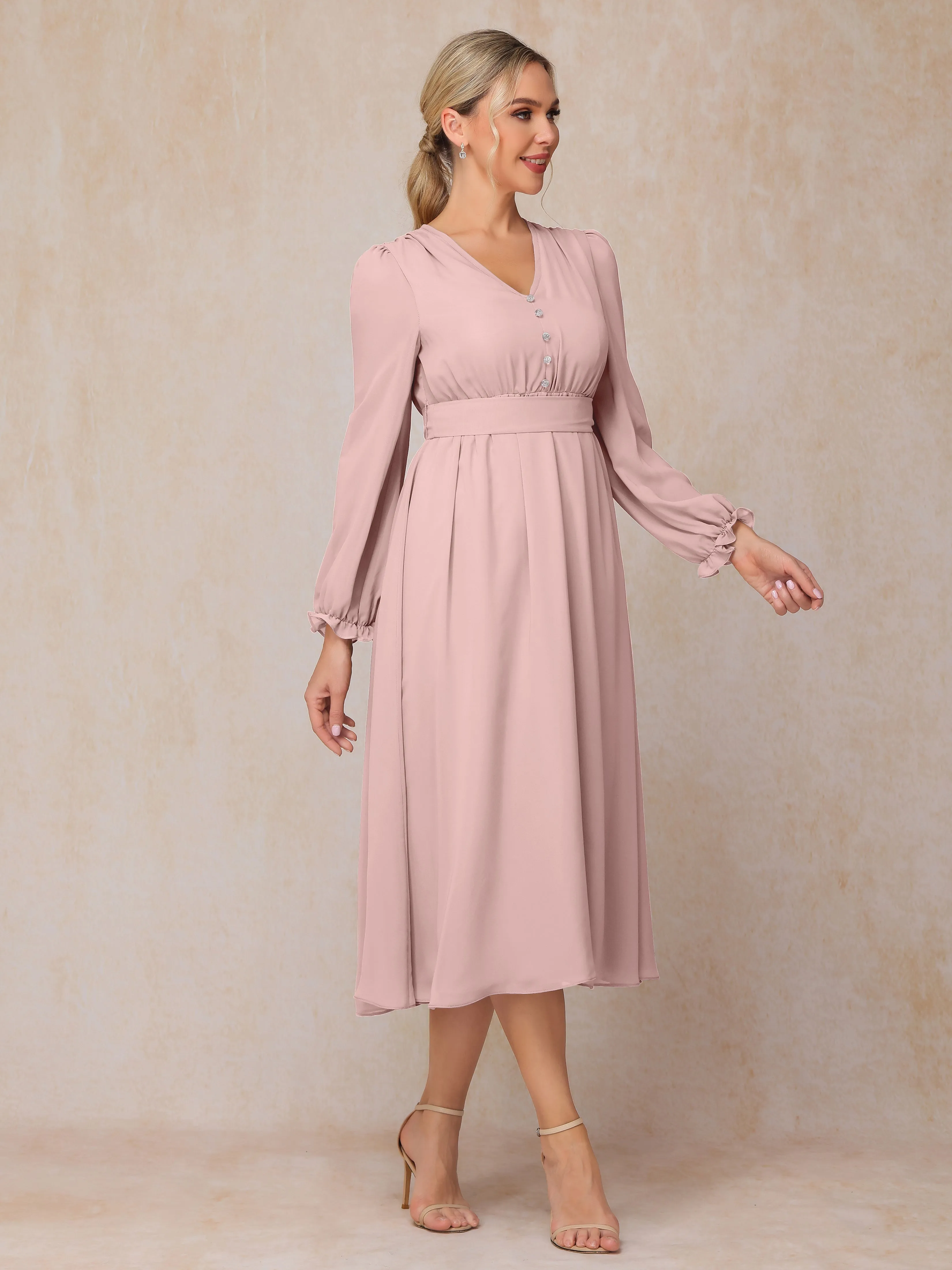 A-Line V Neck Tea-Length Chiffon Mother of the Bride Dresses With Belt