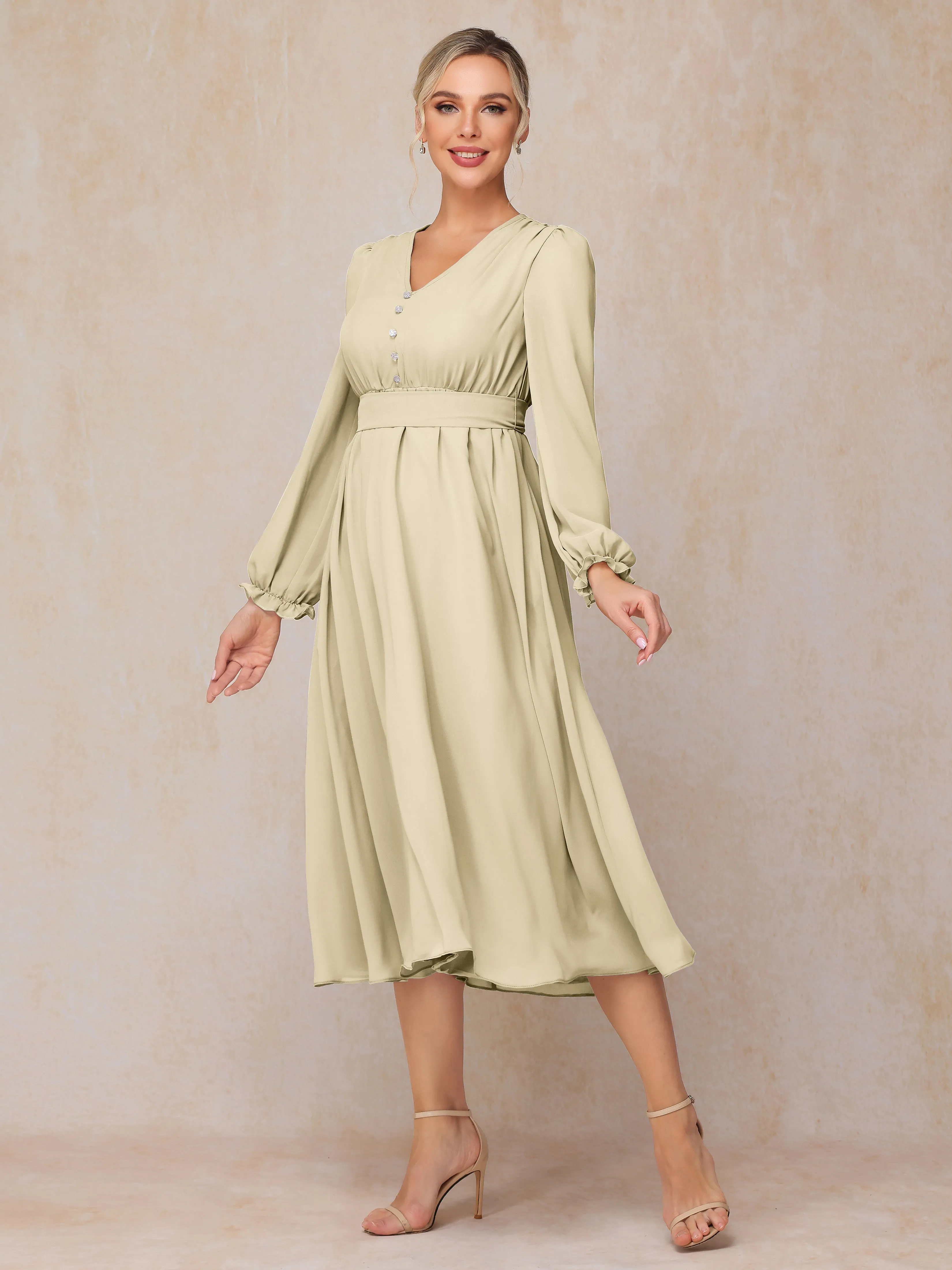 A-Line V Neck Tea-Length Chiffon Mother of the Bride Dresses With Belt