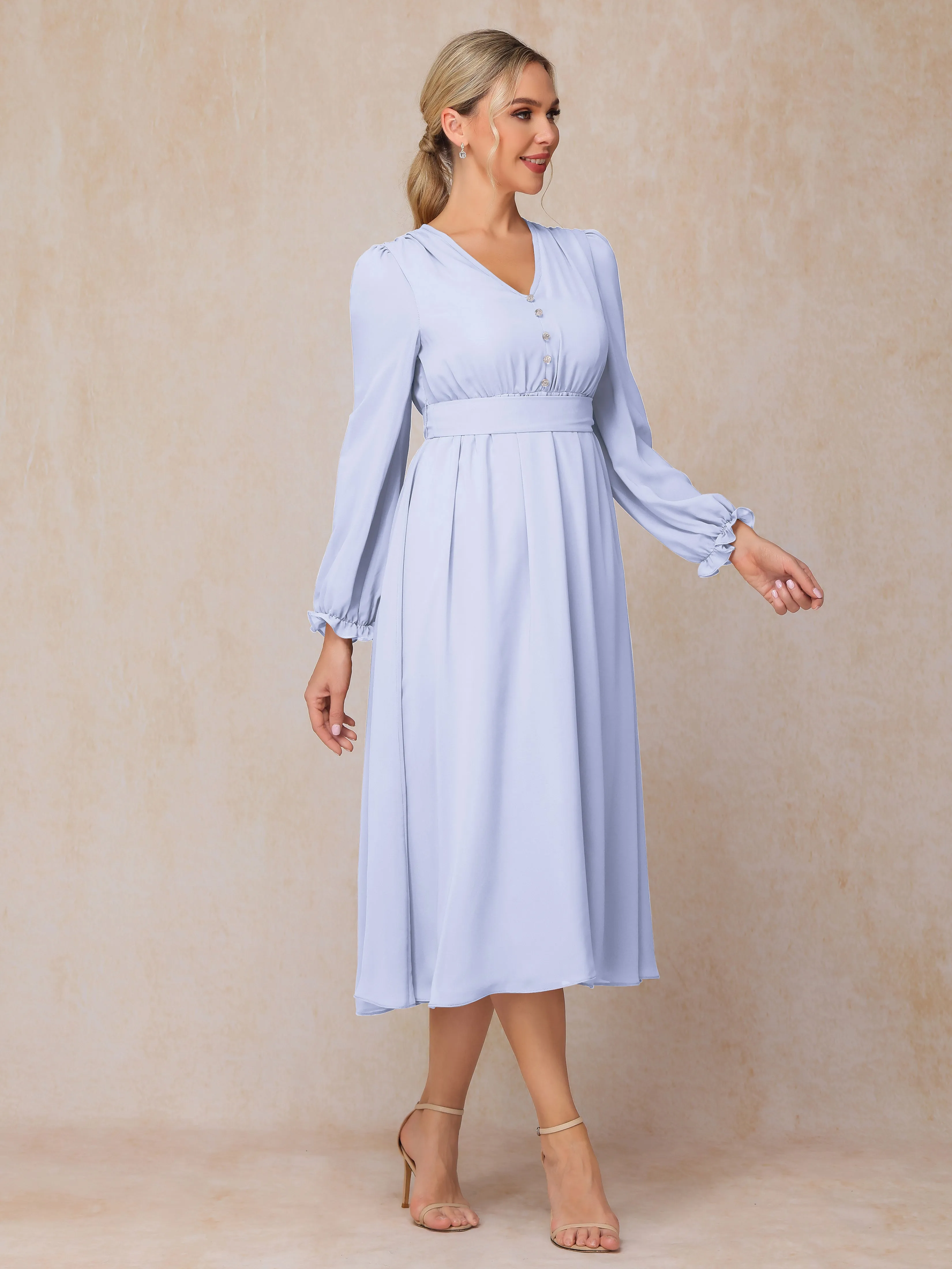 A-Line V Neck Tea-Length Chiffon Mother of the Bride Dresses With Belt