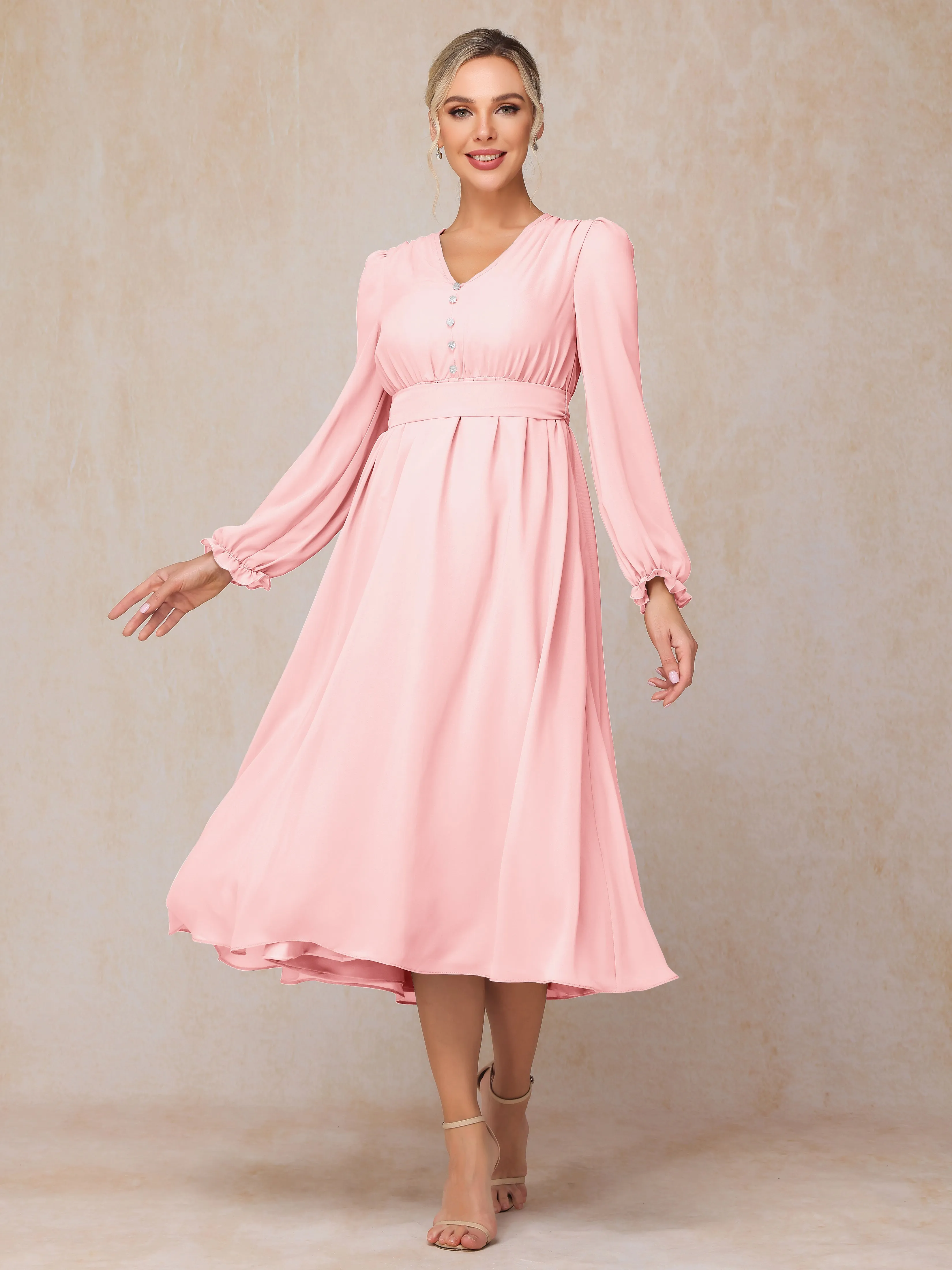 A-Line V Neck Tea-Length Chiffon Mother of the Bride Dresses With Belt