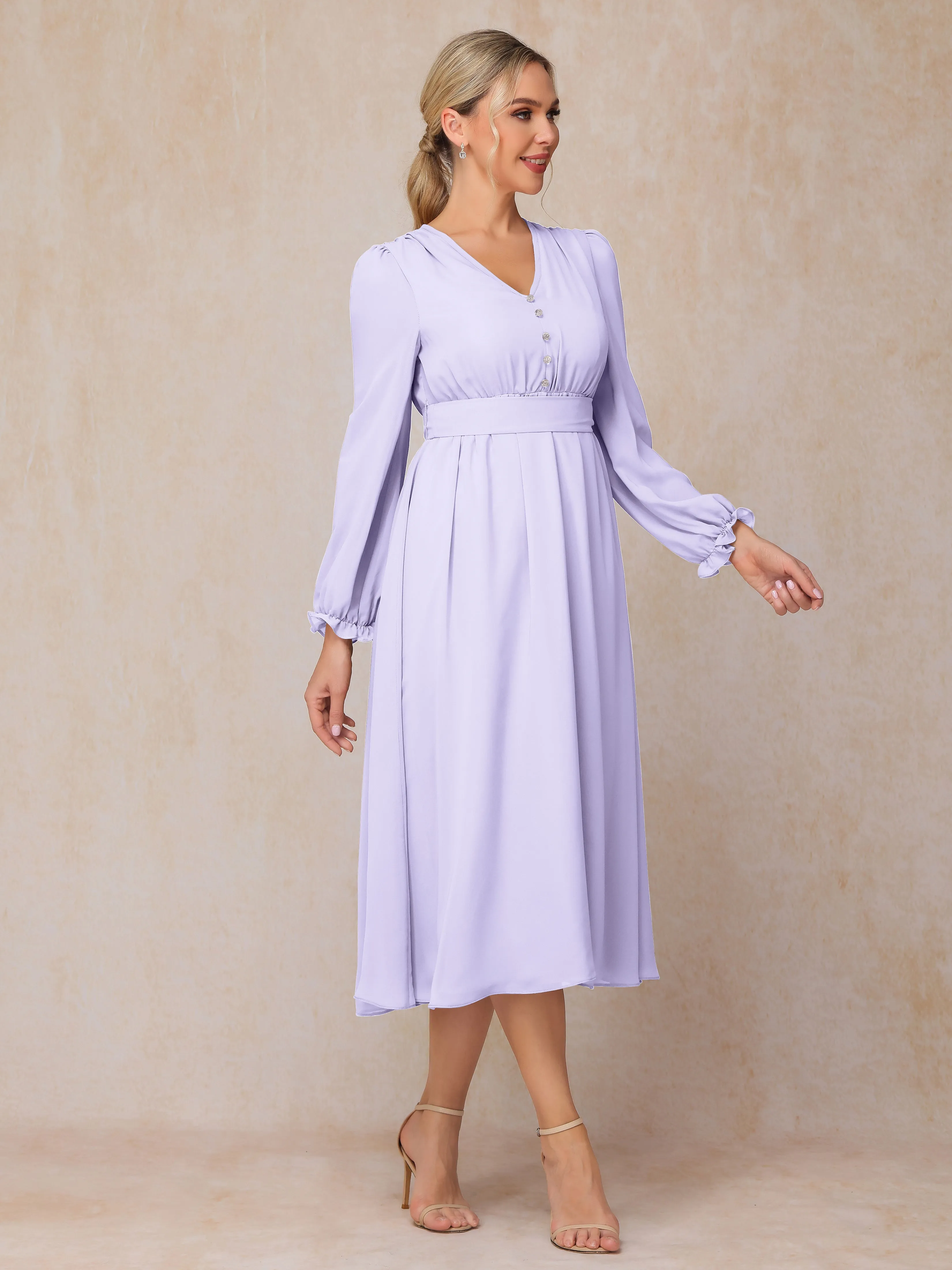 A-Line V Neck Tea-Length Chiffon Mother of the Bride Dresses With Belt