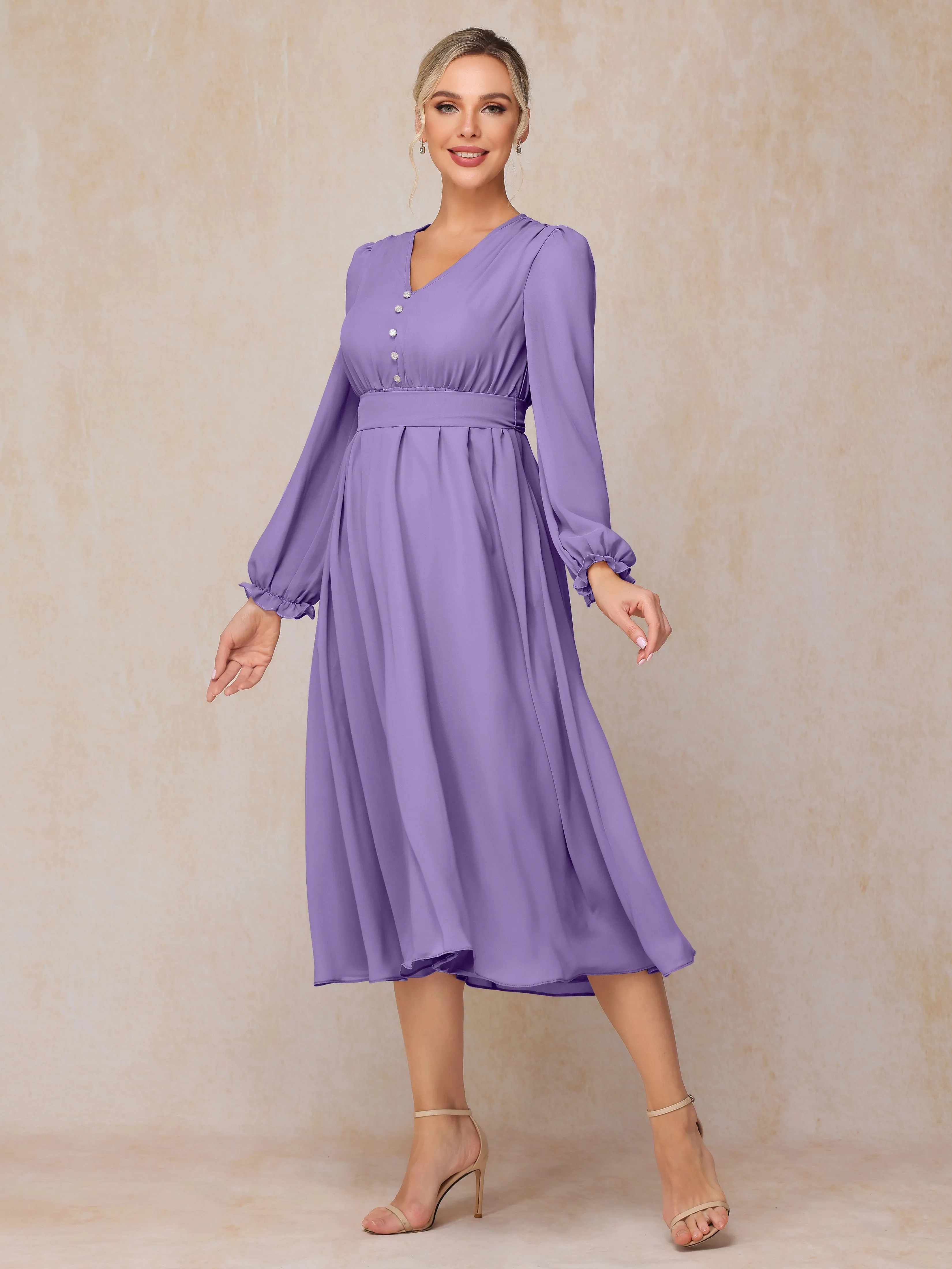 A-Line V Neck Tea-Length Chiffon Mother of the Bride Dresses With Belt