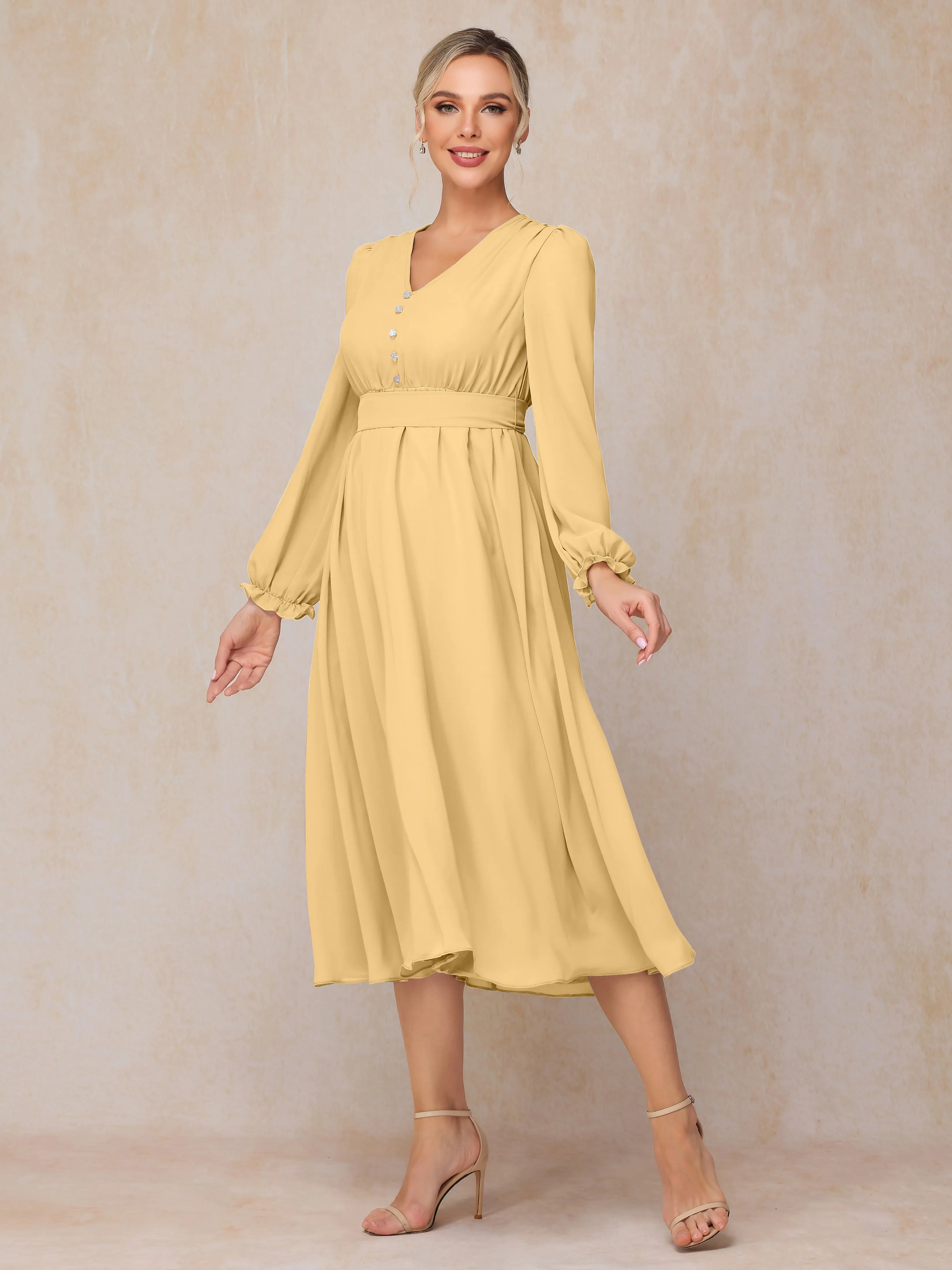 A-Line V Neck Tea-Length Chiffon Mother of the Bride Dresses With Belt