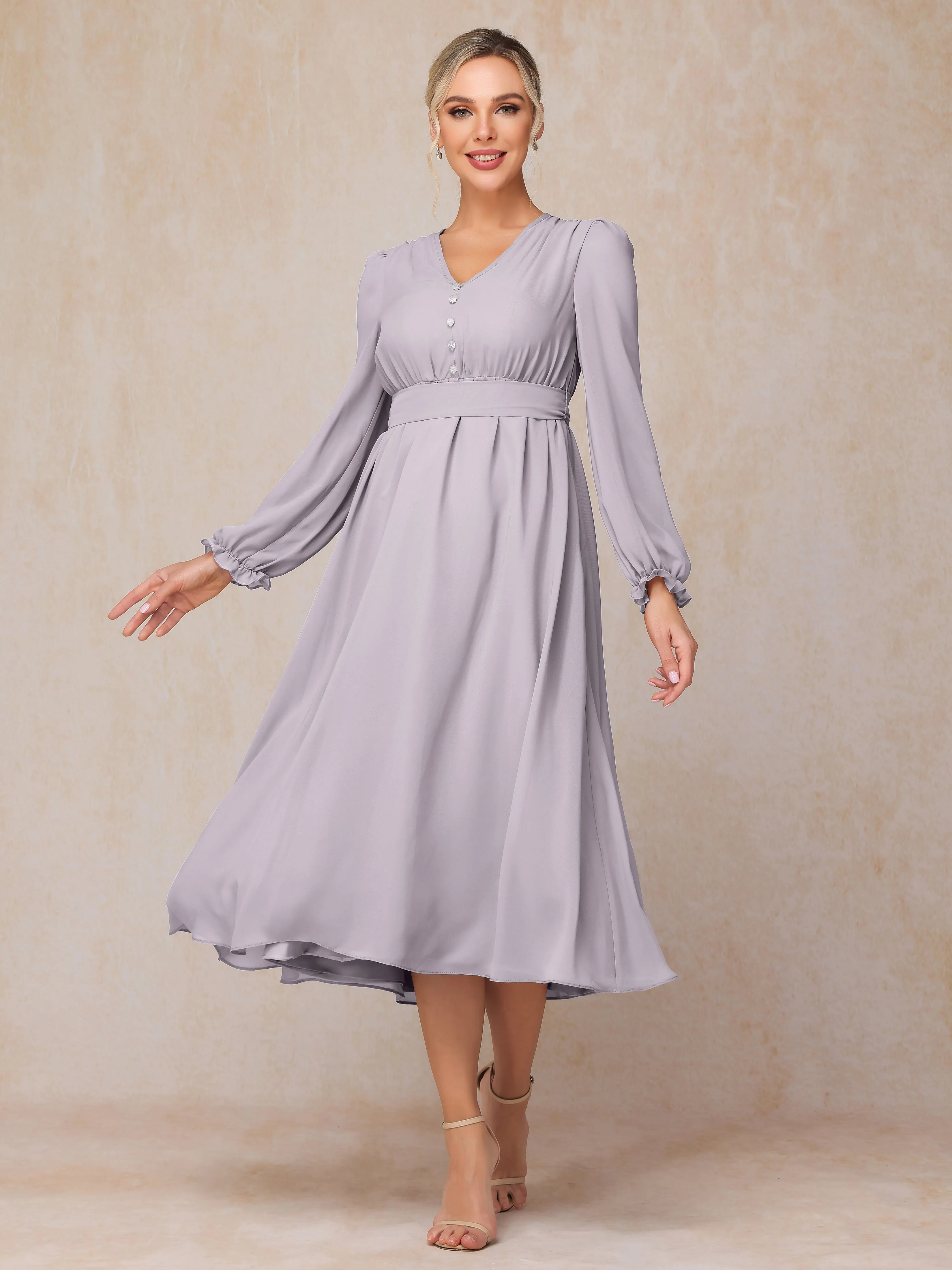 A-Line V Neck Tea-Length Chiffon Mother of the Bride Dresses With Belt