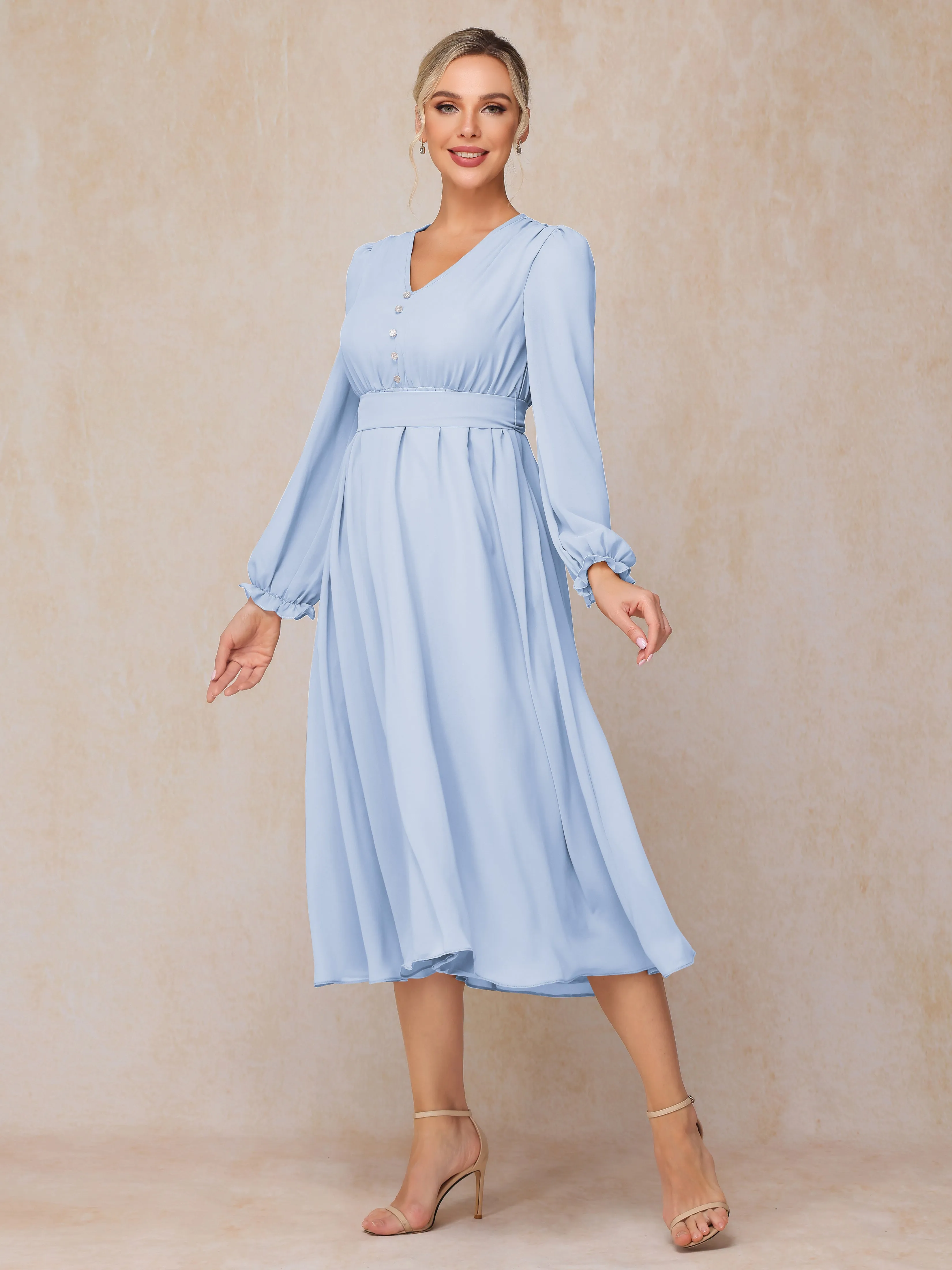 A-Line V Neck Tea-Length Chiffon Mother of the Bride Dresses With Belt