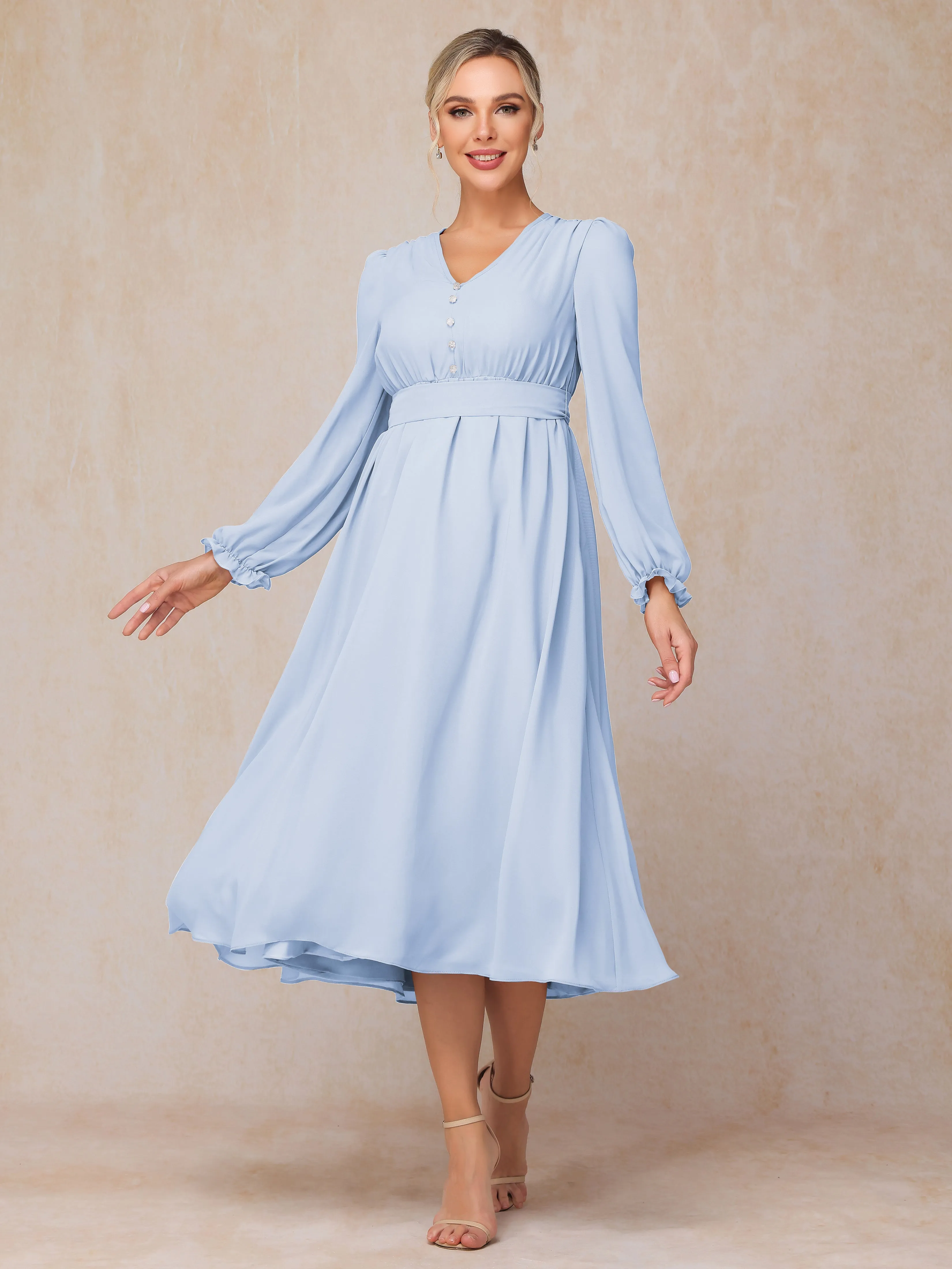 A-Line V Neck Tea-Length Chiffon Mother of the Bride Dresses With Belt