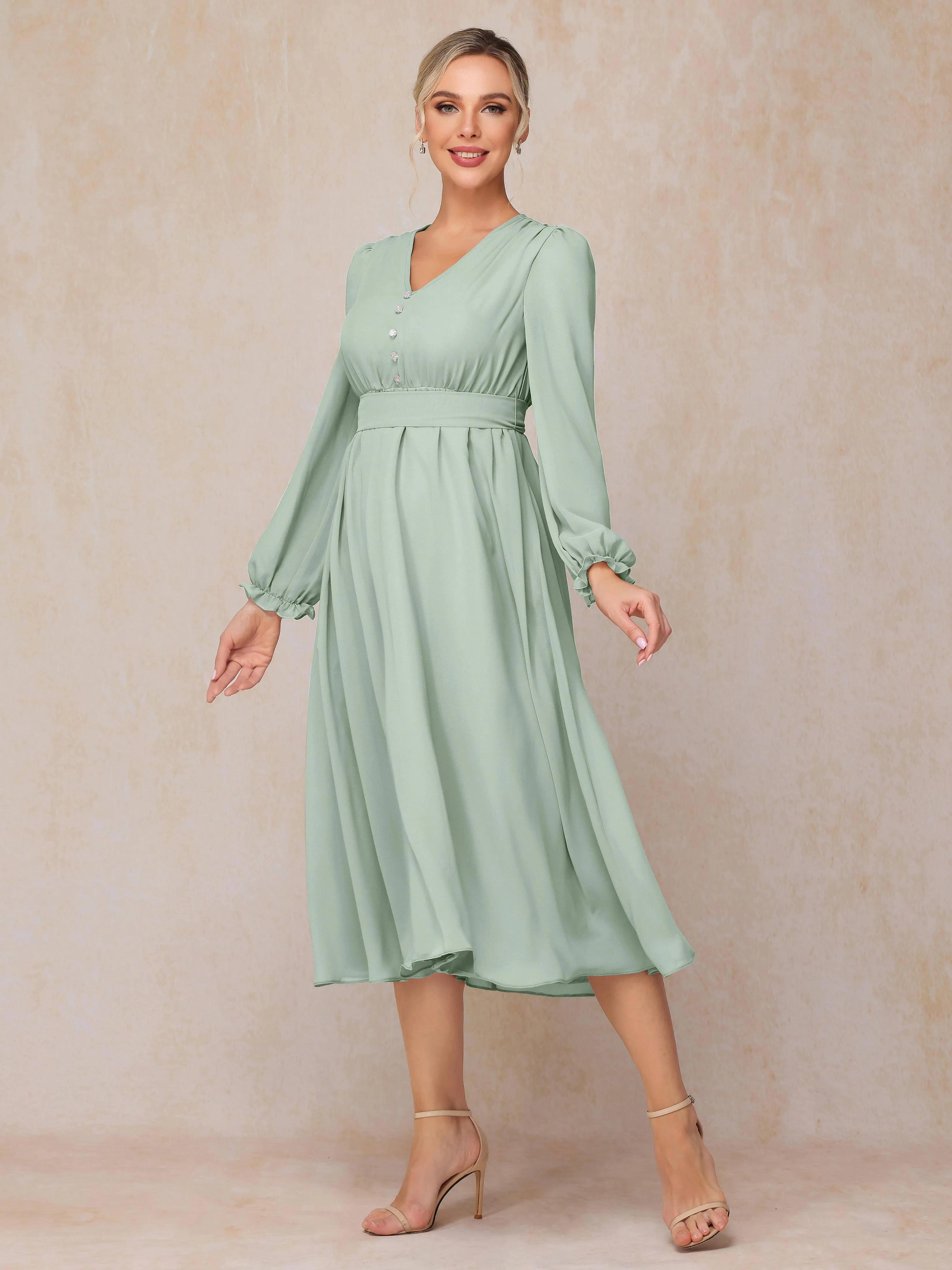 A-Line V Neck Tea-Length Chiffon Mother of the Bride Dresses With Belt