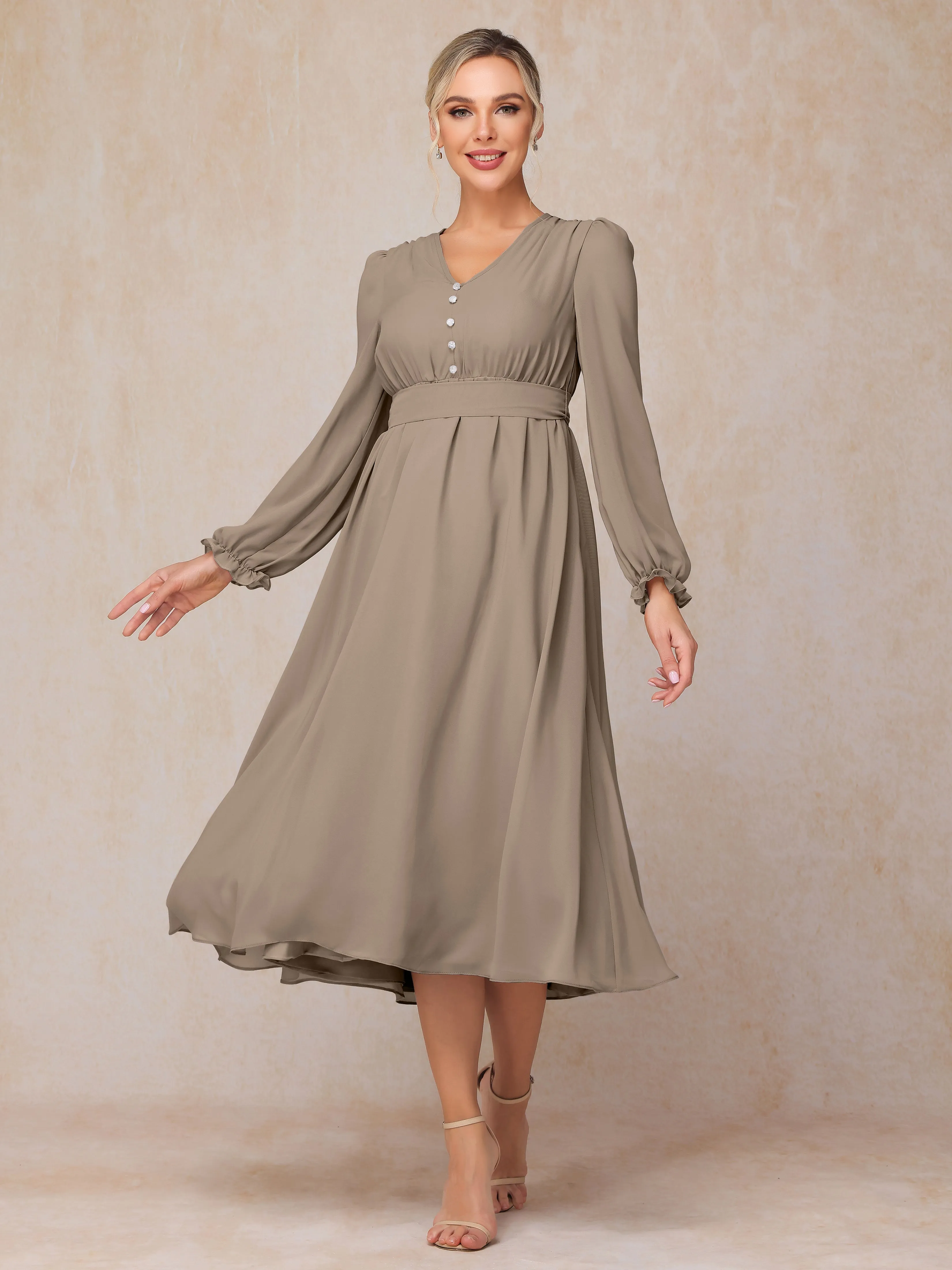 A-Line V Neck Tea-Length Chiffon Mother of the Bride Dresses With Belt