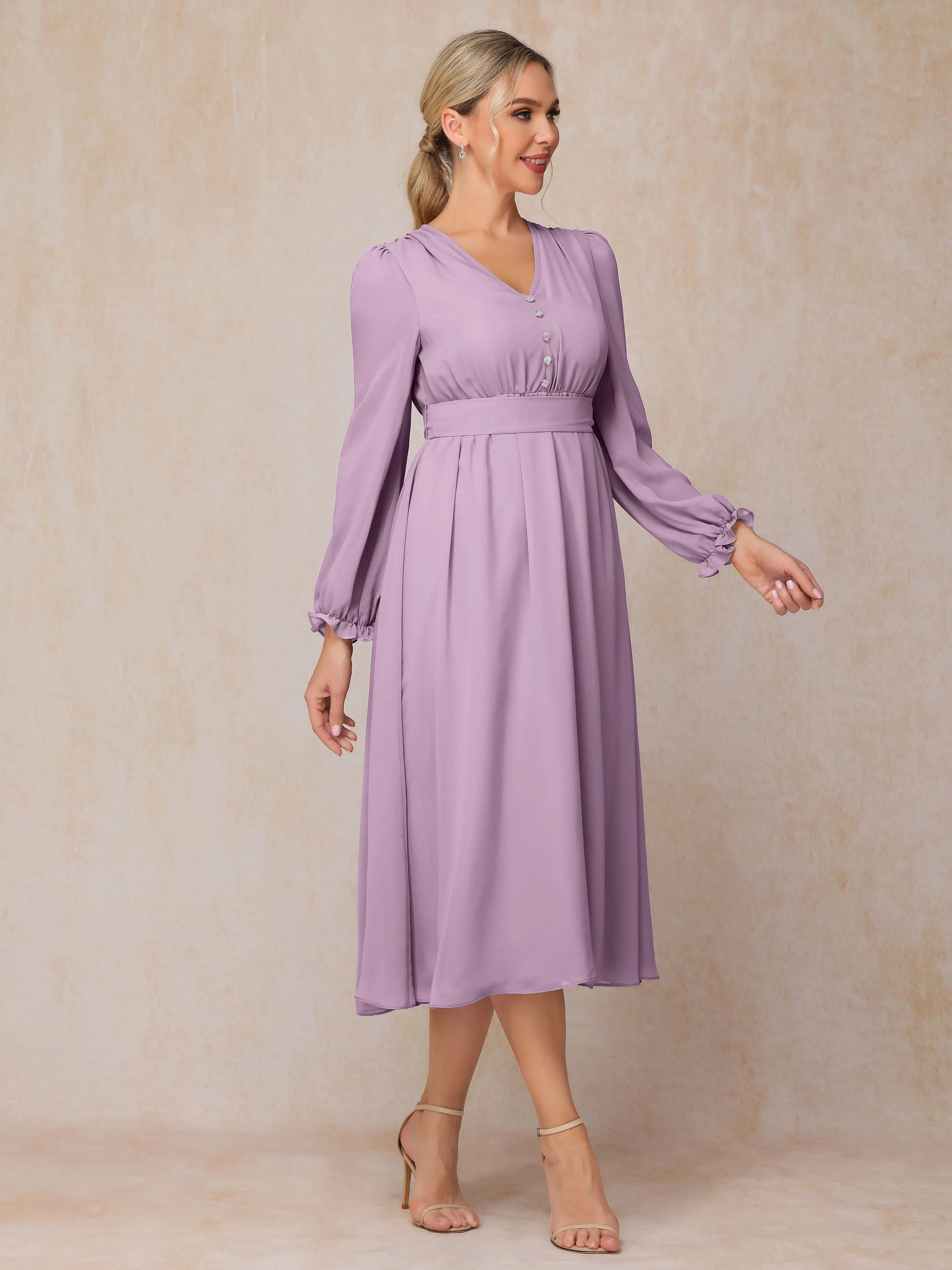 A-Line V Neck Tea-Length Chiffon Mother of the Bride Dresses With Belt