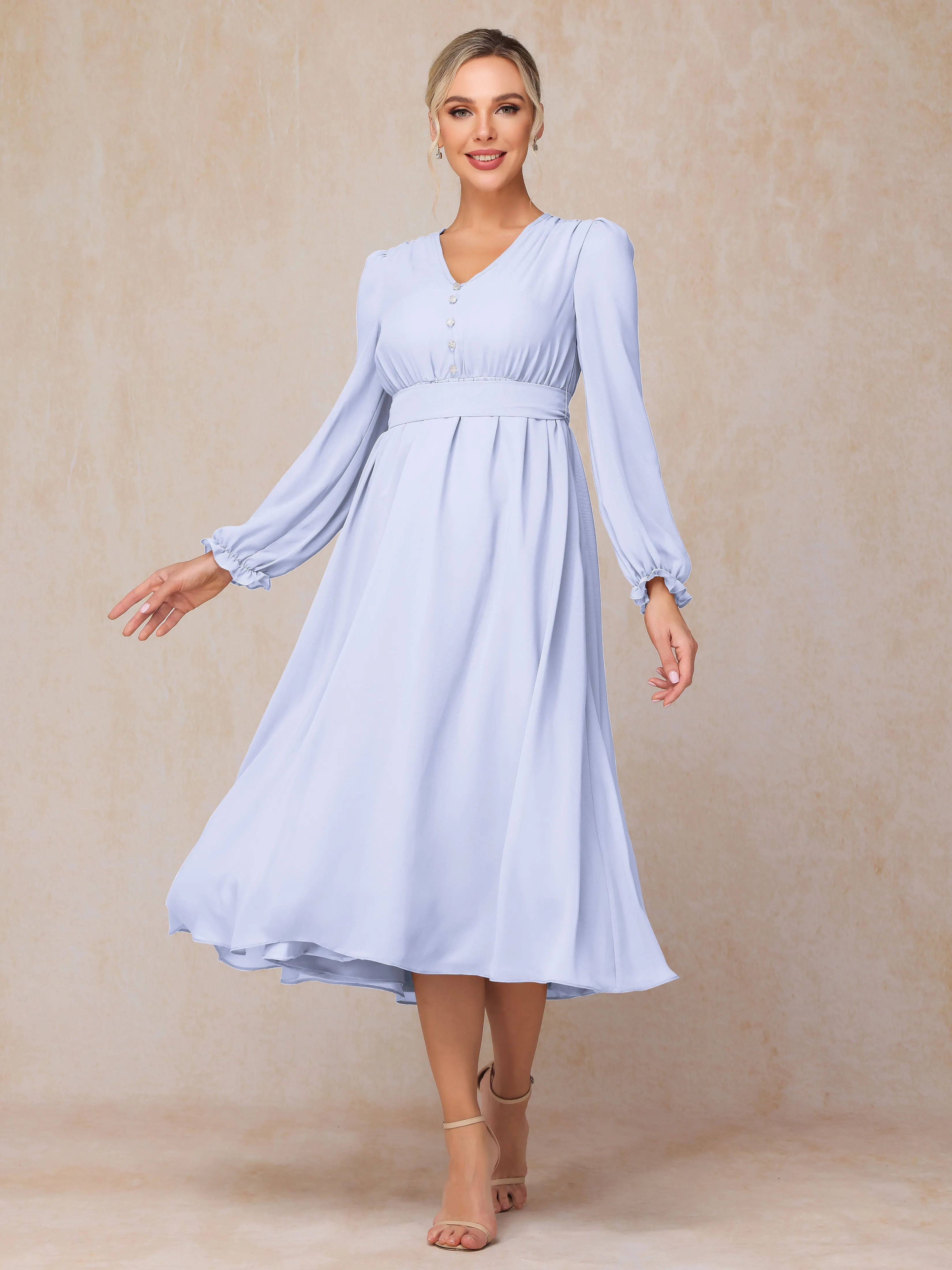 A-Line V Neck Tea-Length Chiffon Mother of the Bride Dresses With Belt