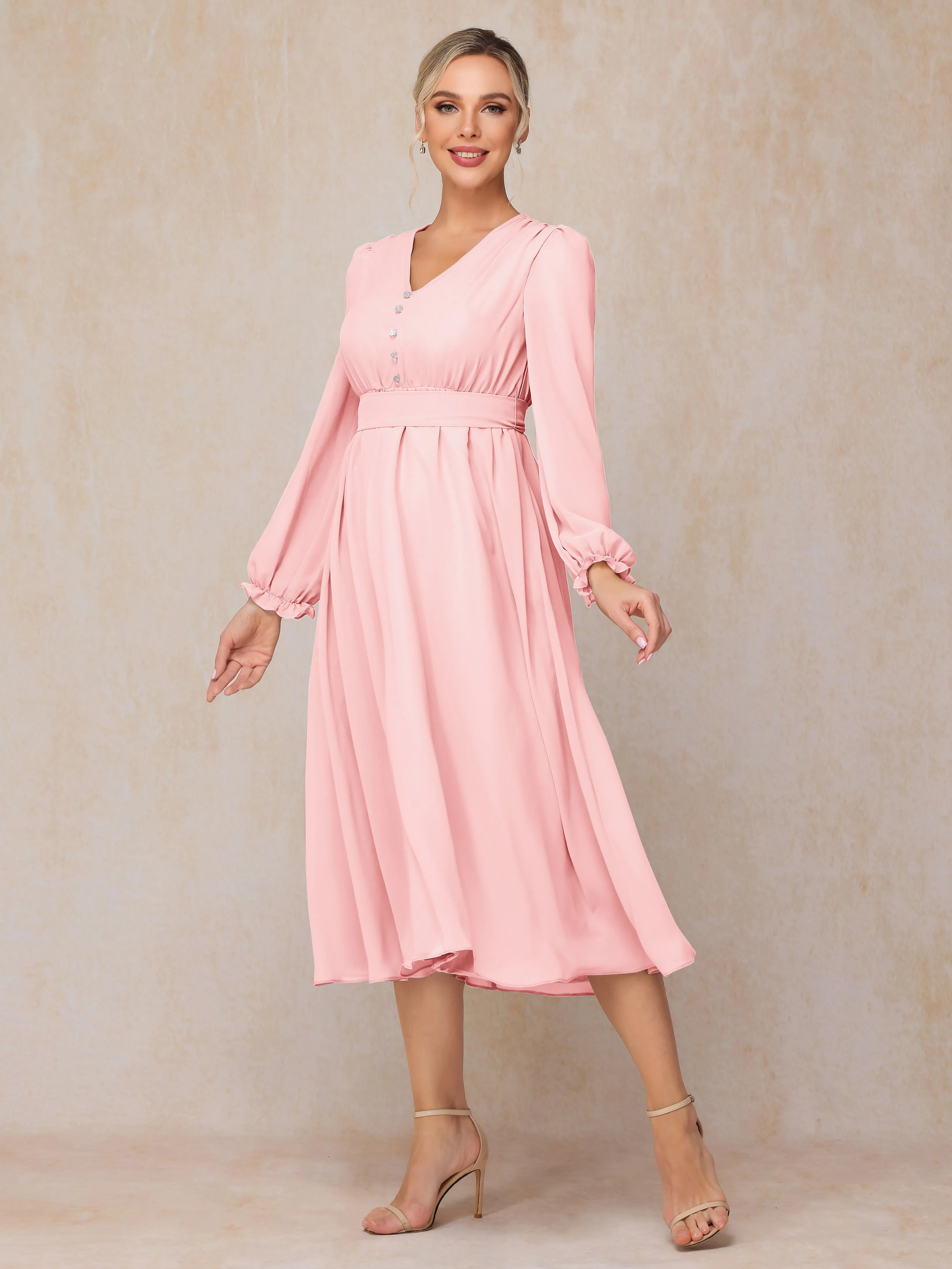 A-Line V Neck Tea-Length Chiffon Mother of the Bride Dresses With Belt