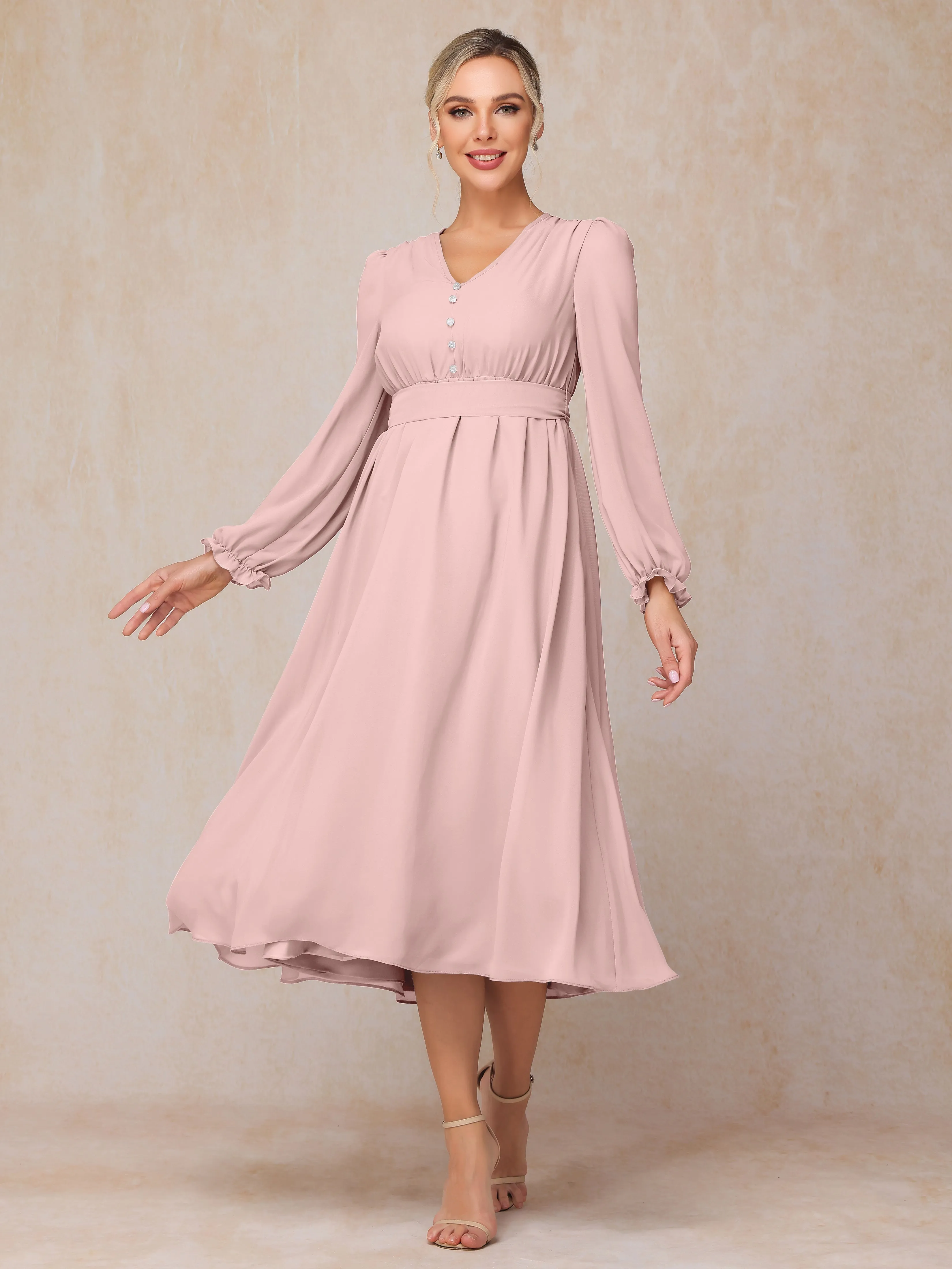 A-Line V Neck Tea-Length Chiffon Mother of the Bride Dresses With Belt