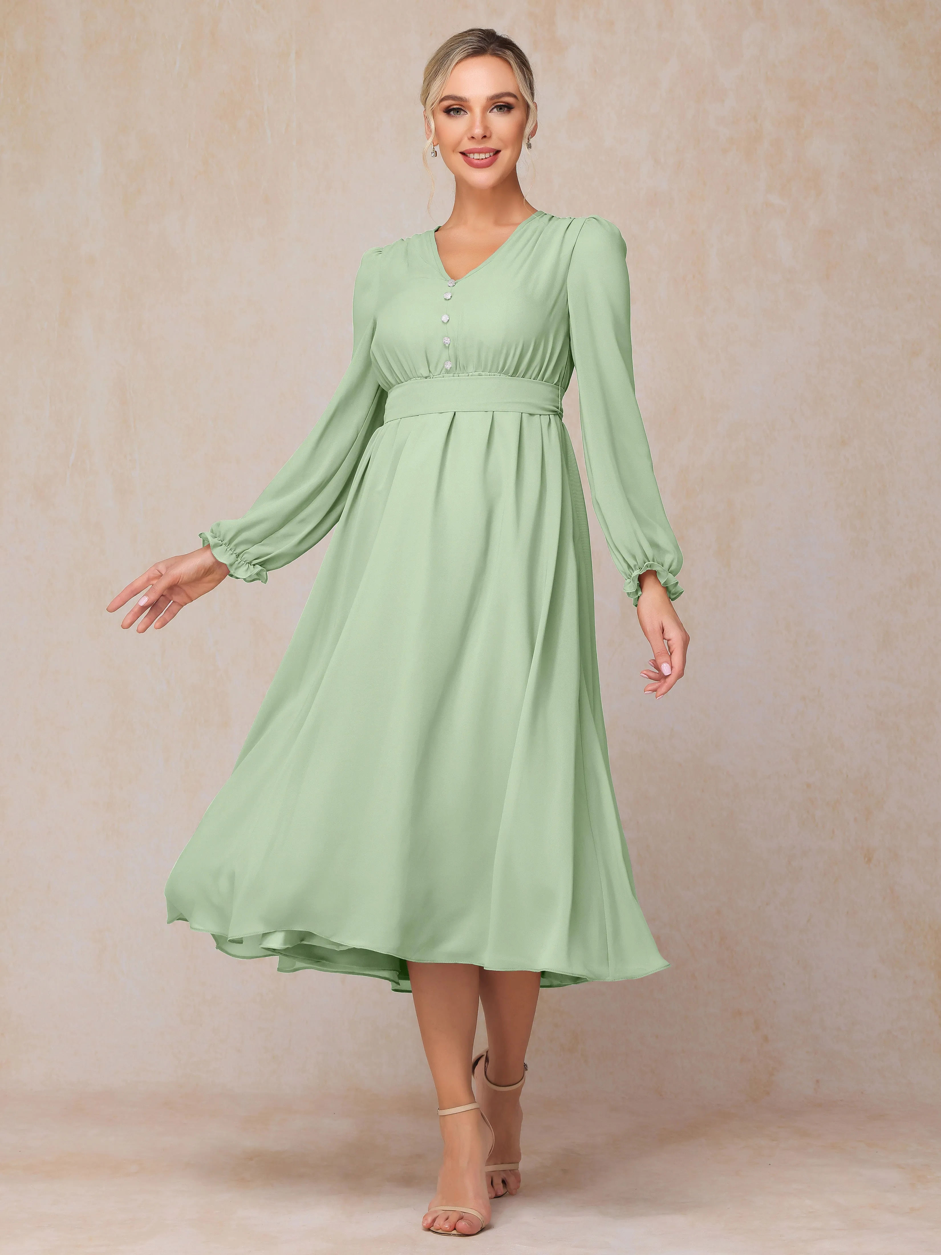 A-Line V Neck Tea-Length Chiffon Mother of the Bride Dresses With Belt