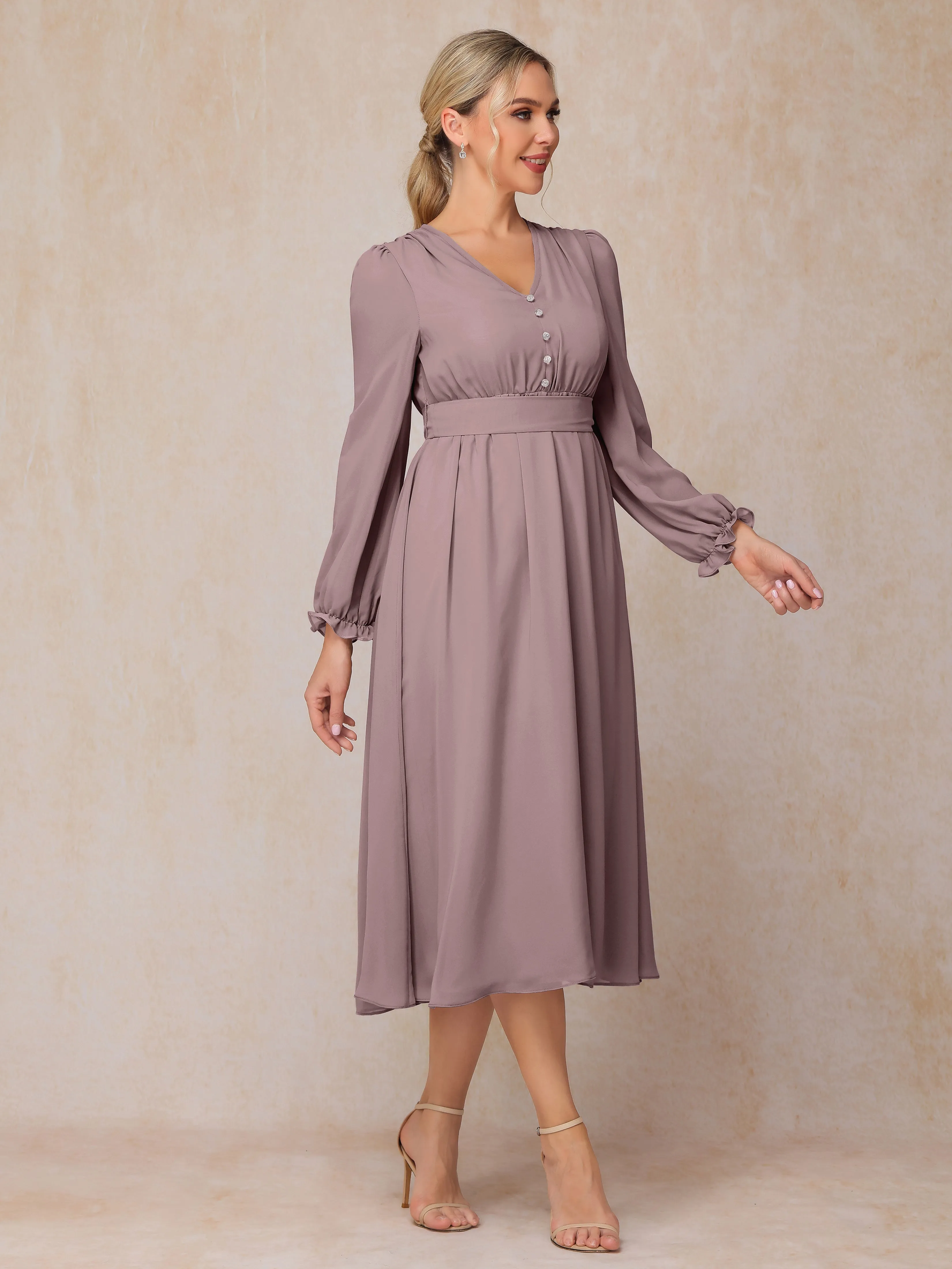 A-Line V Neck Tea-Length Chiffon Mother of the Bride Dresses With Belt