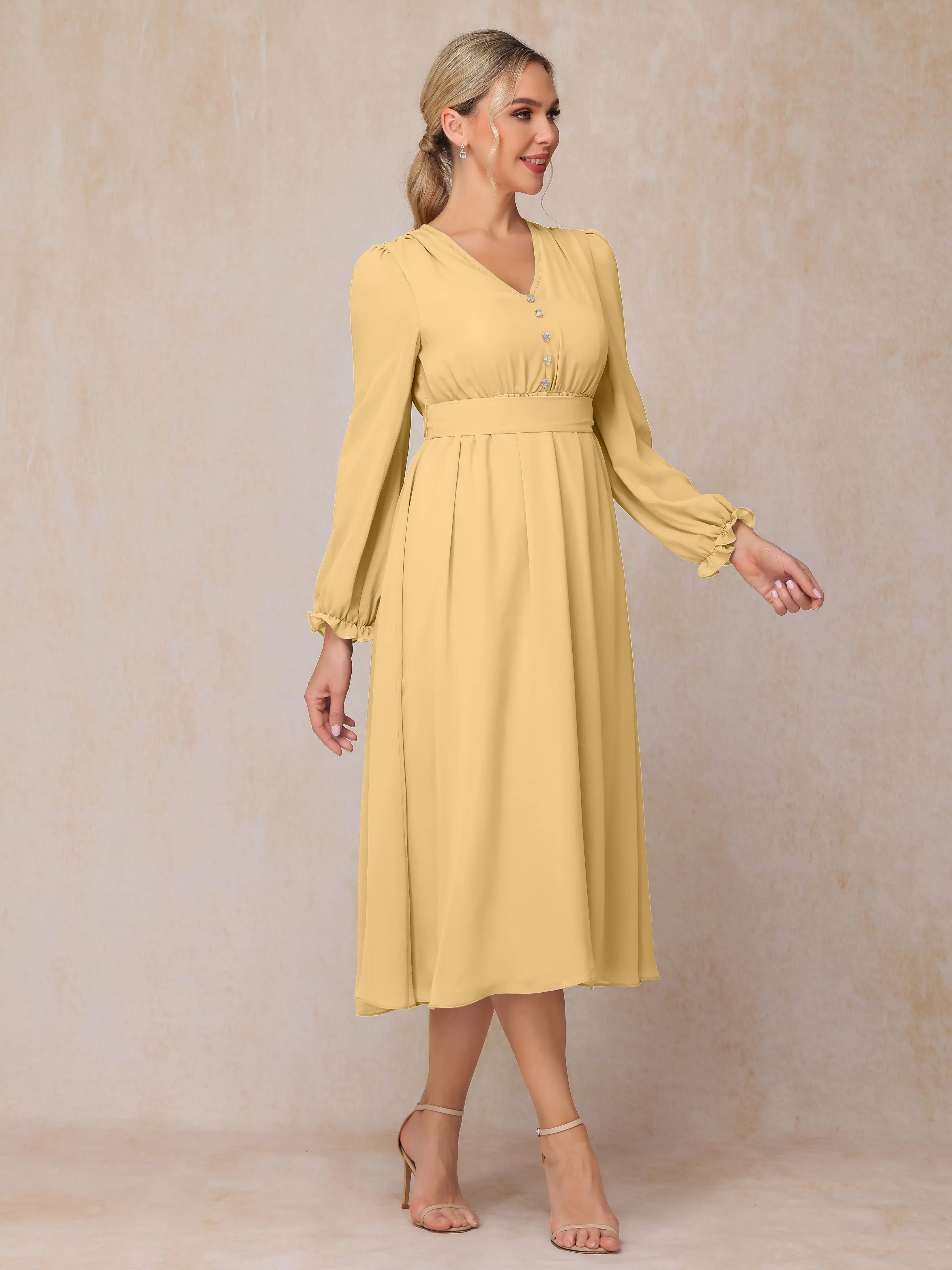 A-Line V Neck Tea-Length Chiffon Mother of the Bride Dresses With Belt