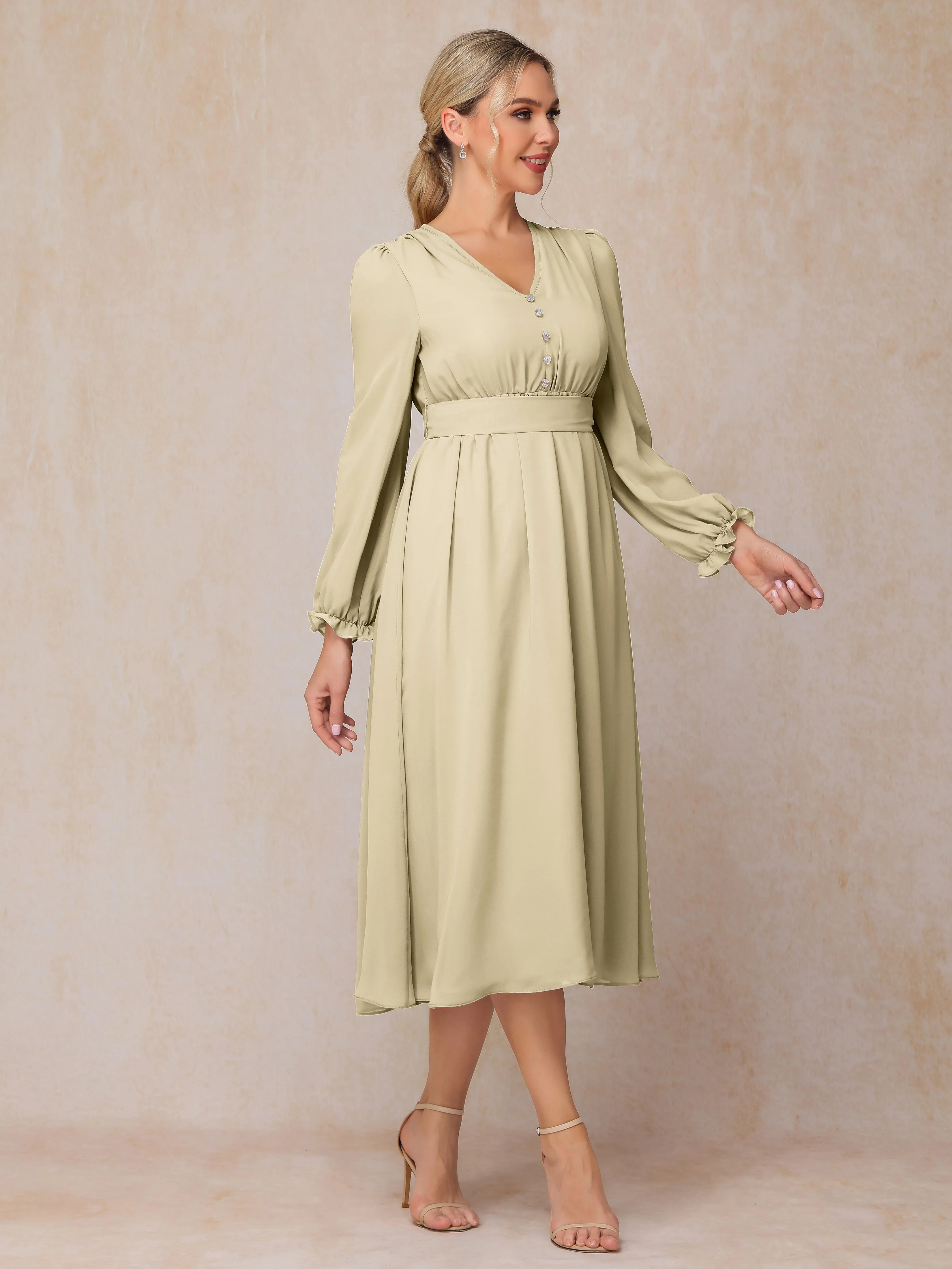 A-Line V Neck Tea-Length Chiffon Mother of the Bride Dresses With Belt