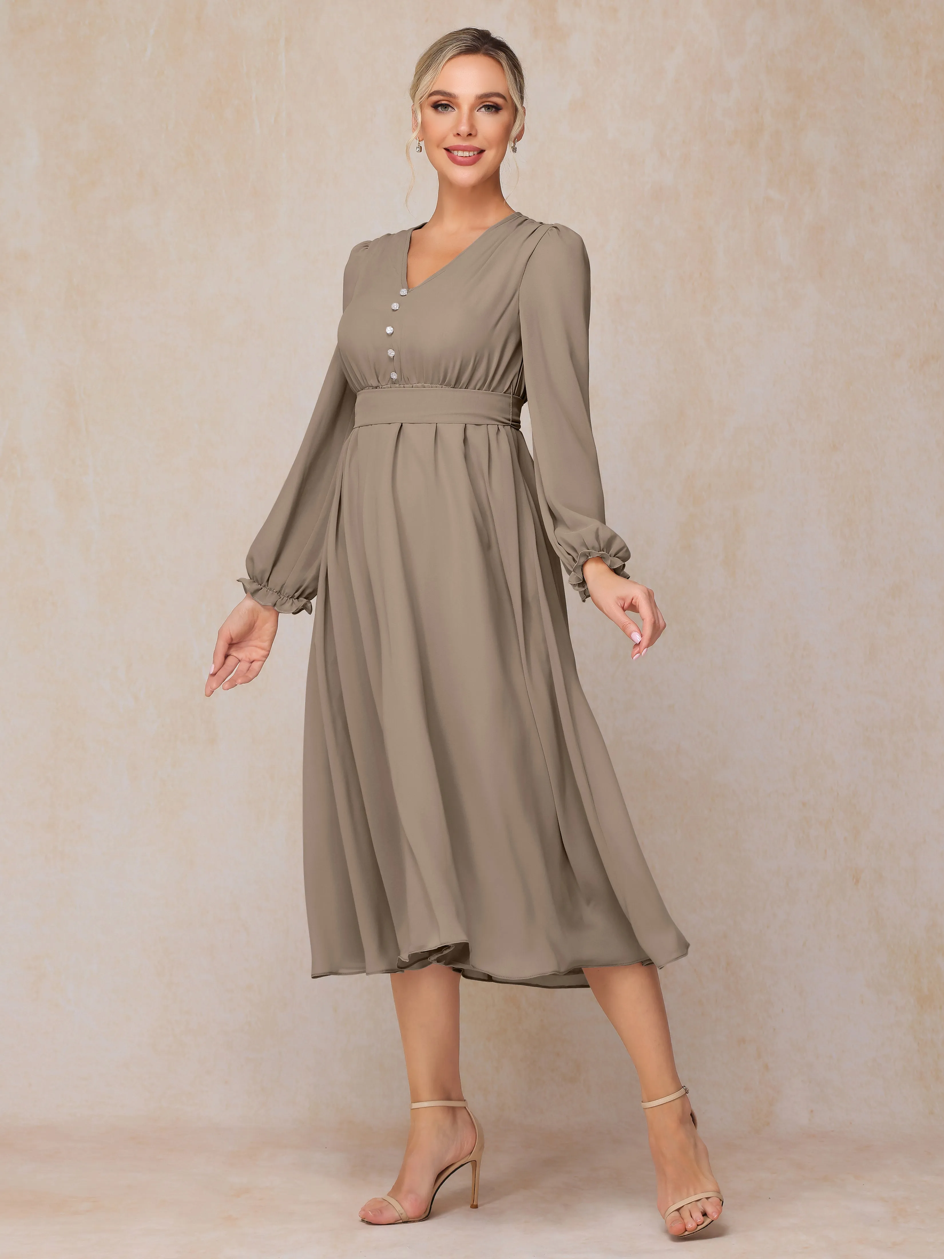 A-Line V Neck Tea-Length Chiffon Mother of the Bride Dresses With Belt