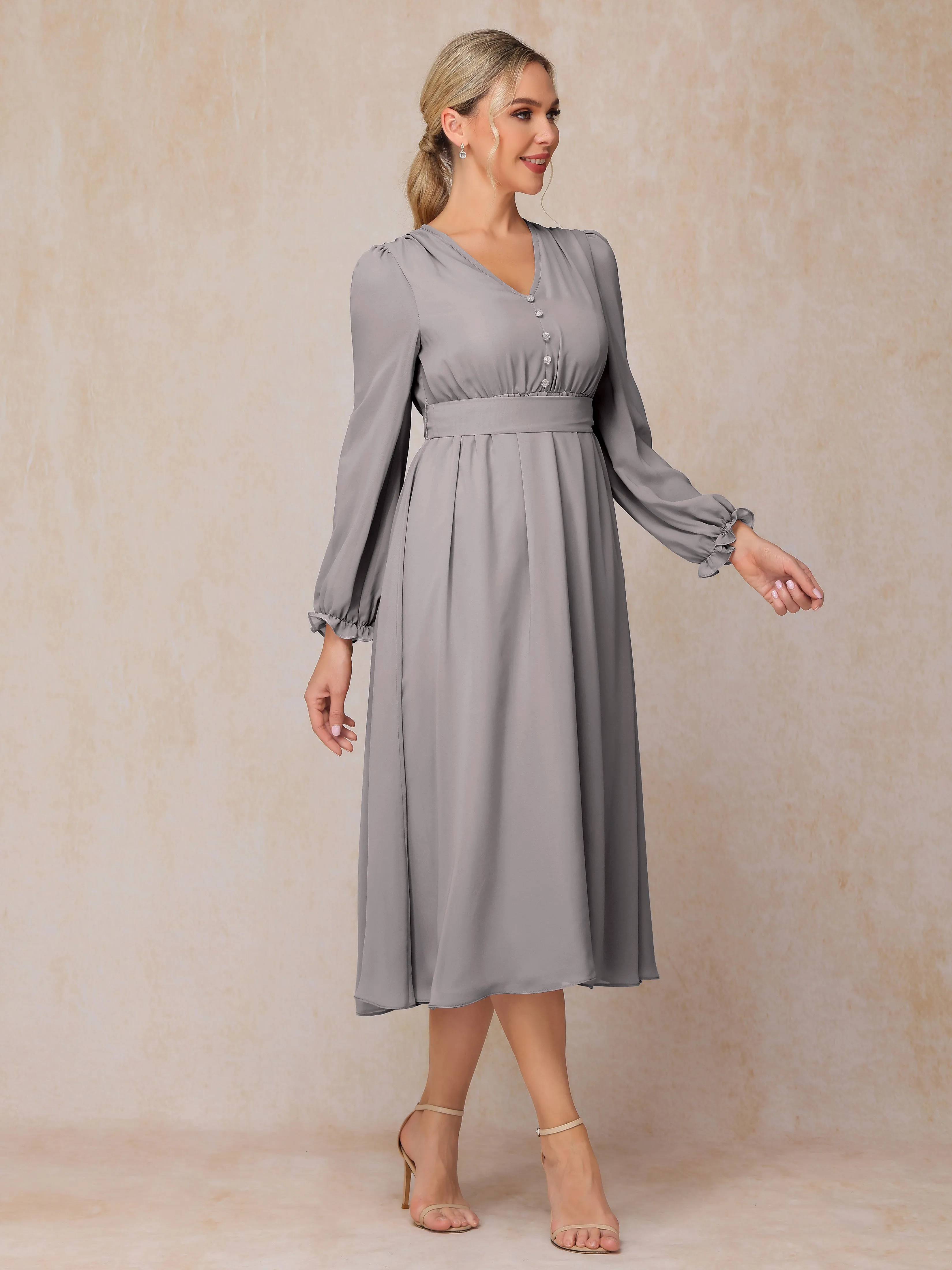 A-Line V Neck Tea-Length Chiffon Mother of the Bride Dresses With Belt