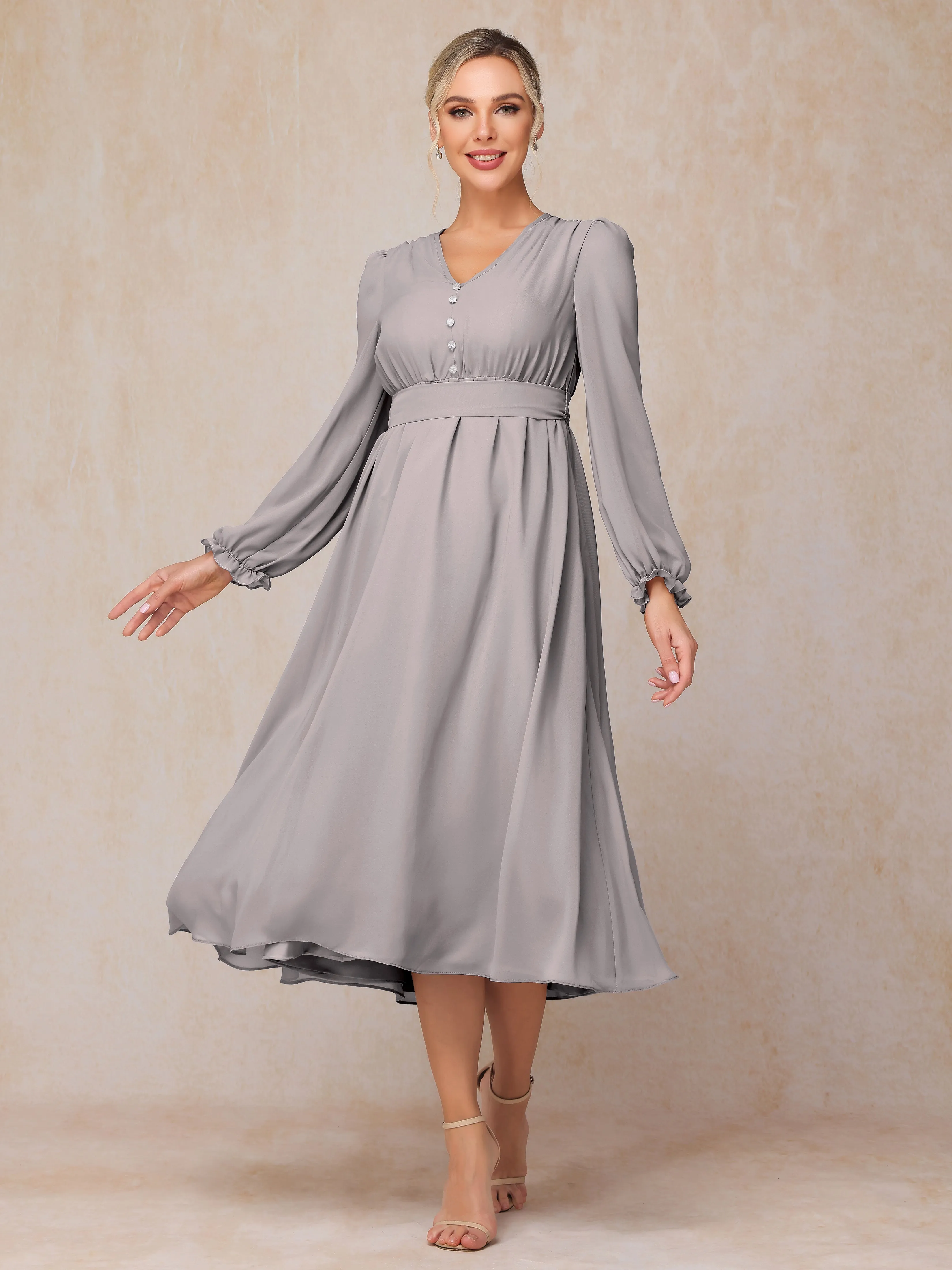 A-Line V Neck Tea-Length Chiffon Mother of the Bride Dresses With Belt