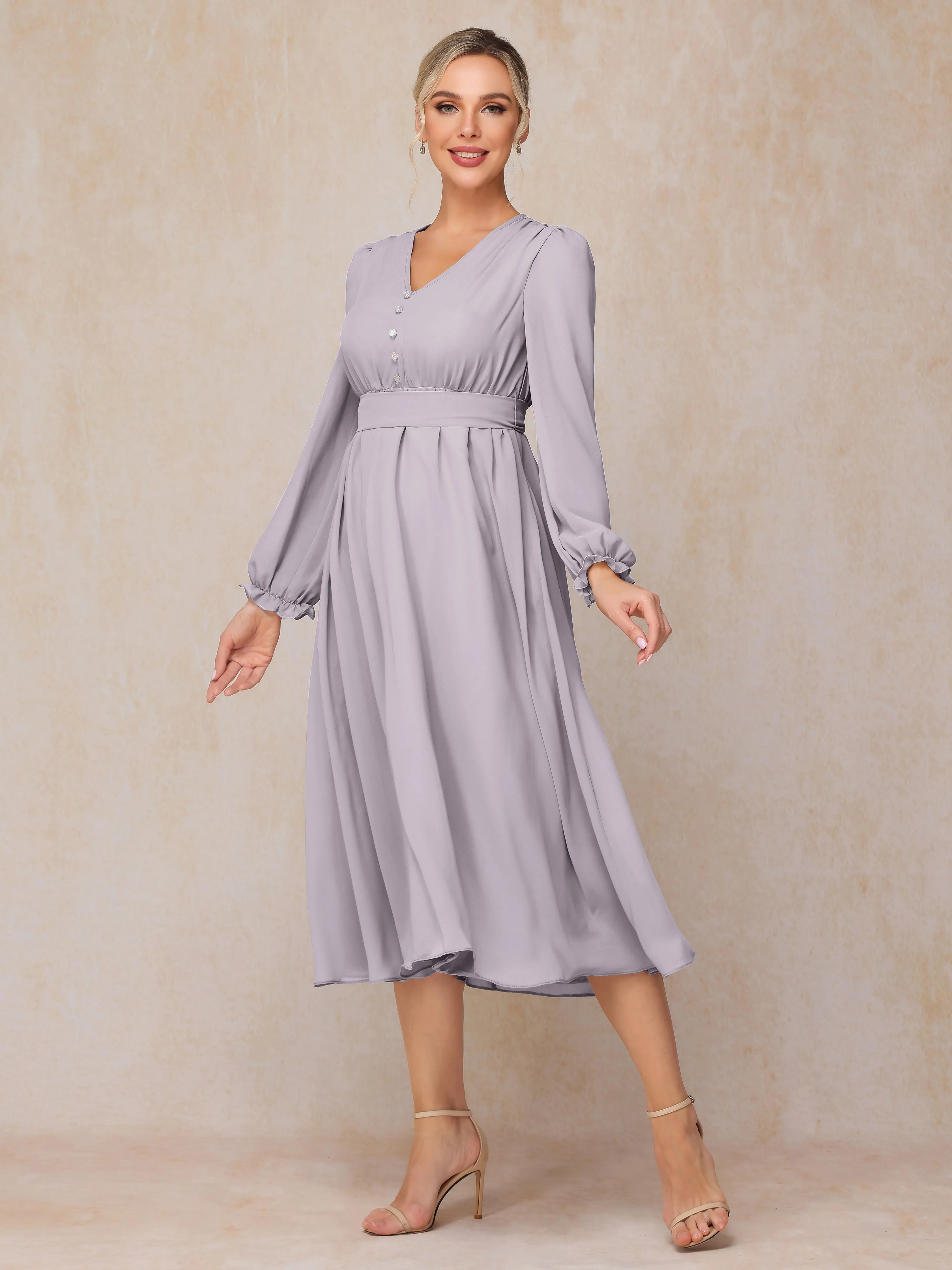 A-Line V Neck Tea-Length Chiffon Mother of the Bride Dresses With Belt