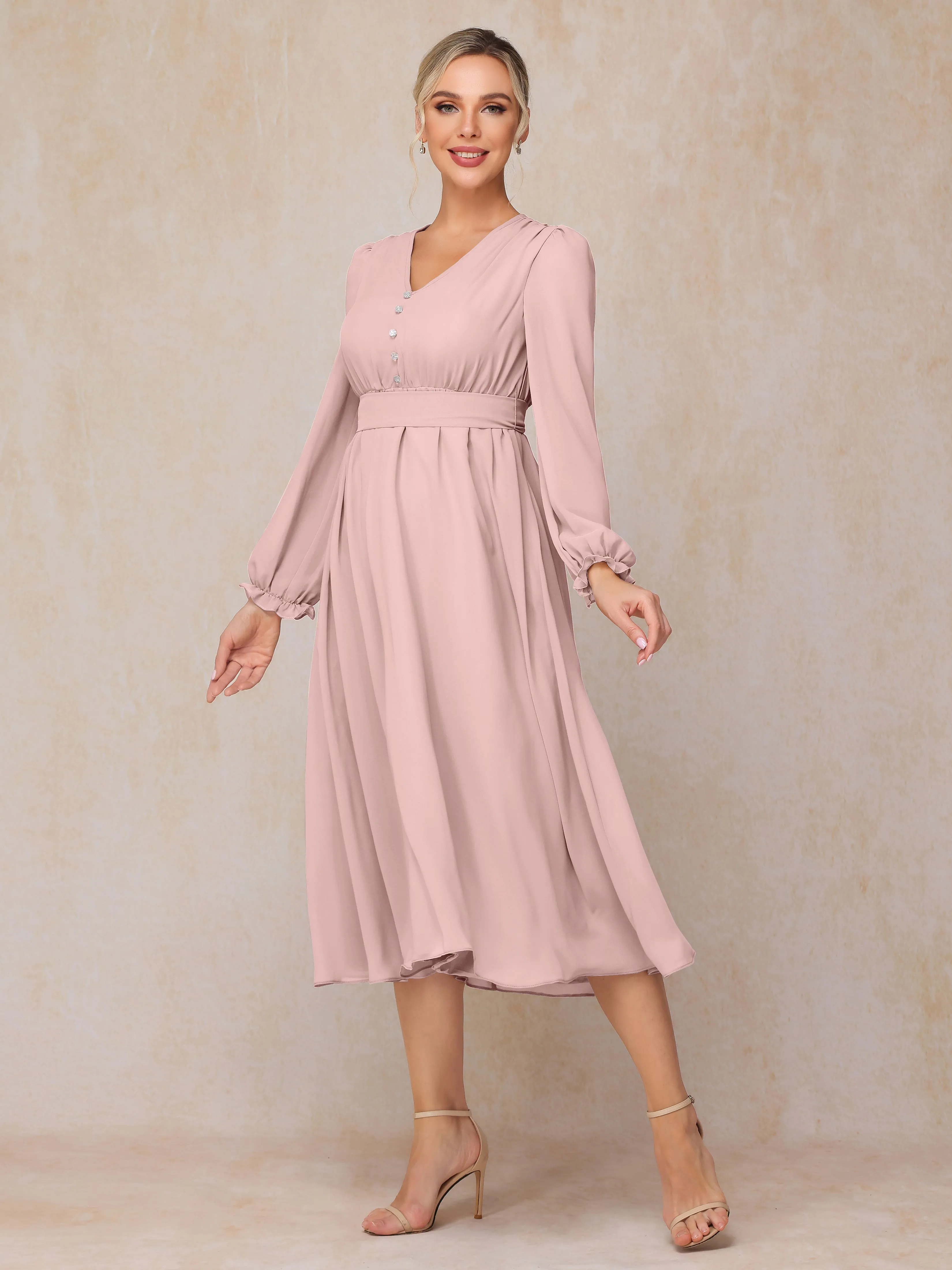 A-Line V Neck Tea-Length Chiffon Mother of the Bride Dresses With Belt