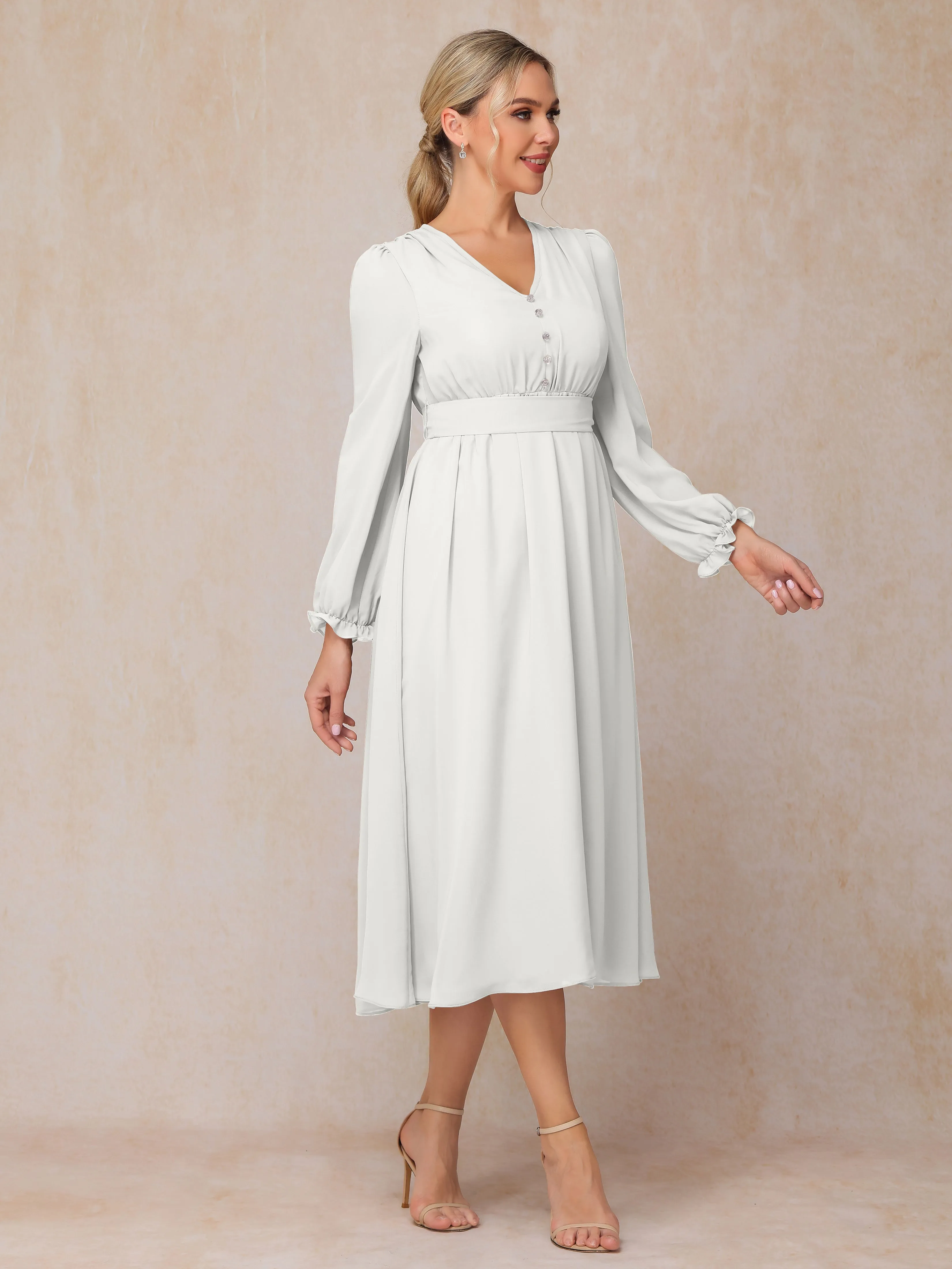 A-Line V Neck Tea-Length Chiffon Mother of the Bride Dresses With Belt