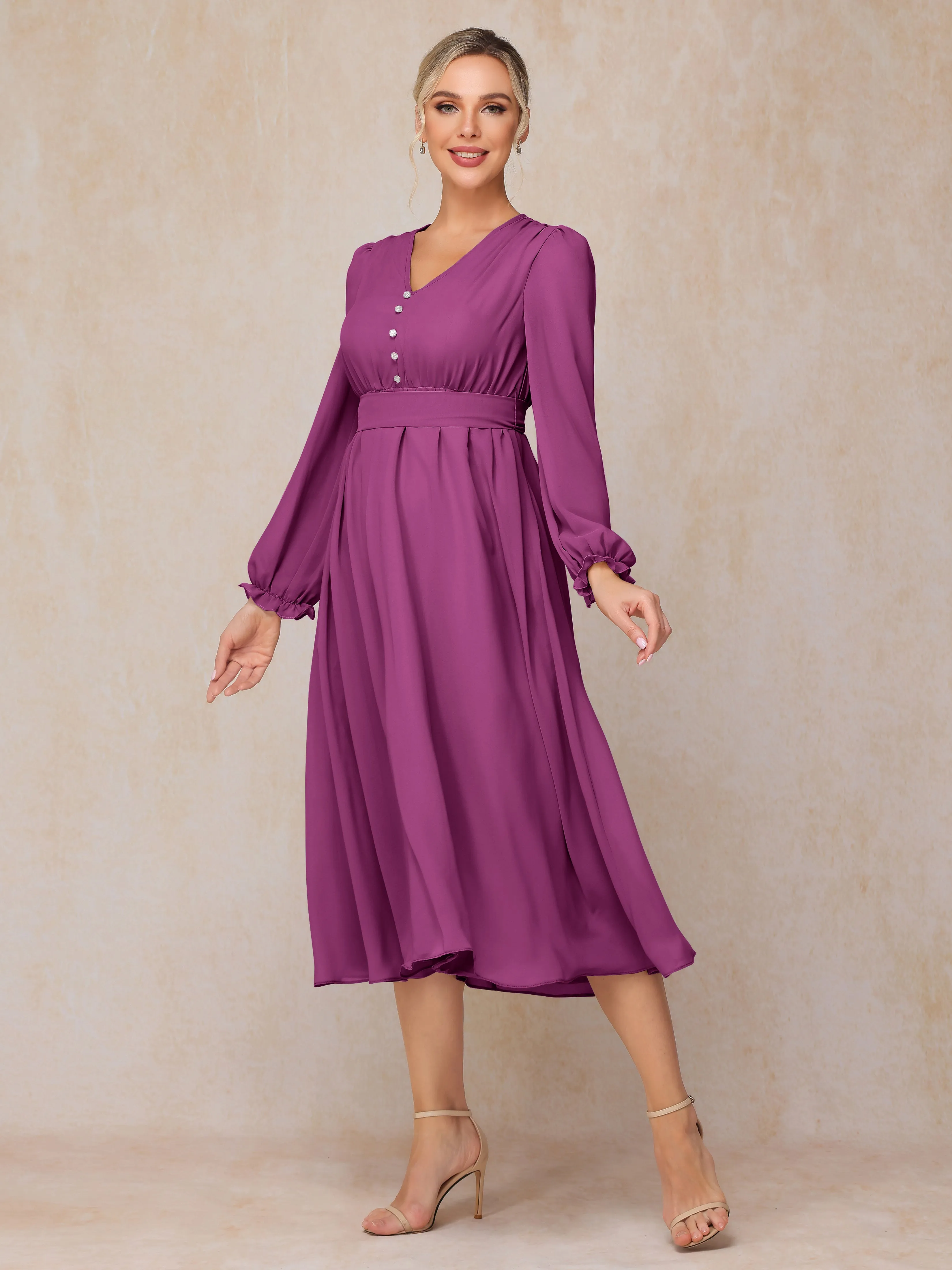 A-Line V Neck Tea-Length Chiffon Mother of the Bride Dresses With Belt