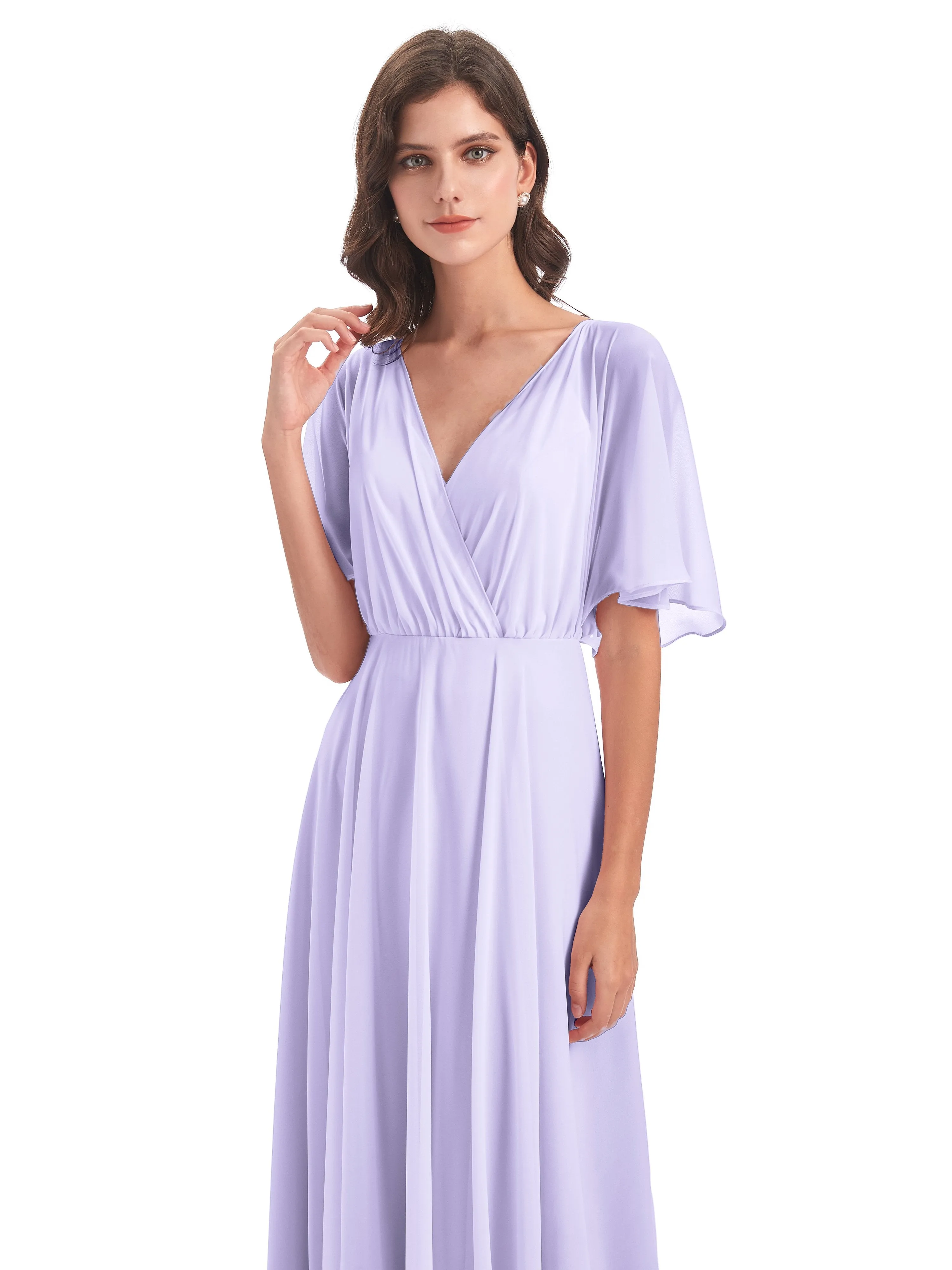 Ada Casual Chiffon A-line Short Sleeves Long Chiffon Bridesmaid Dresses