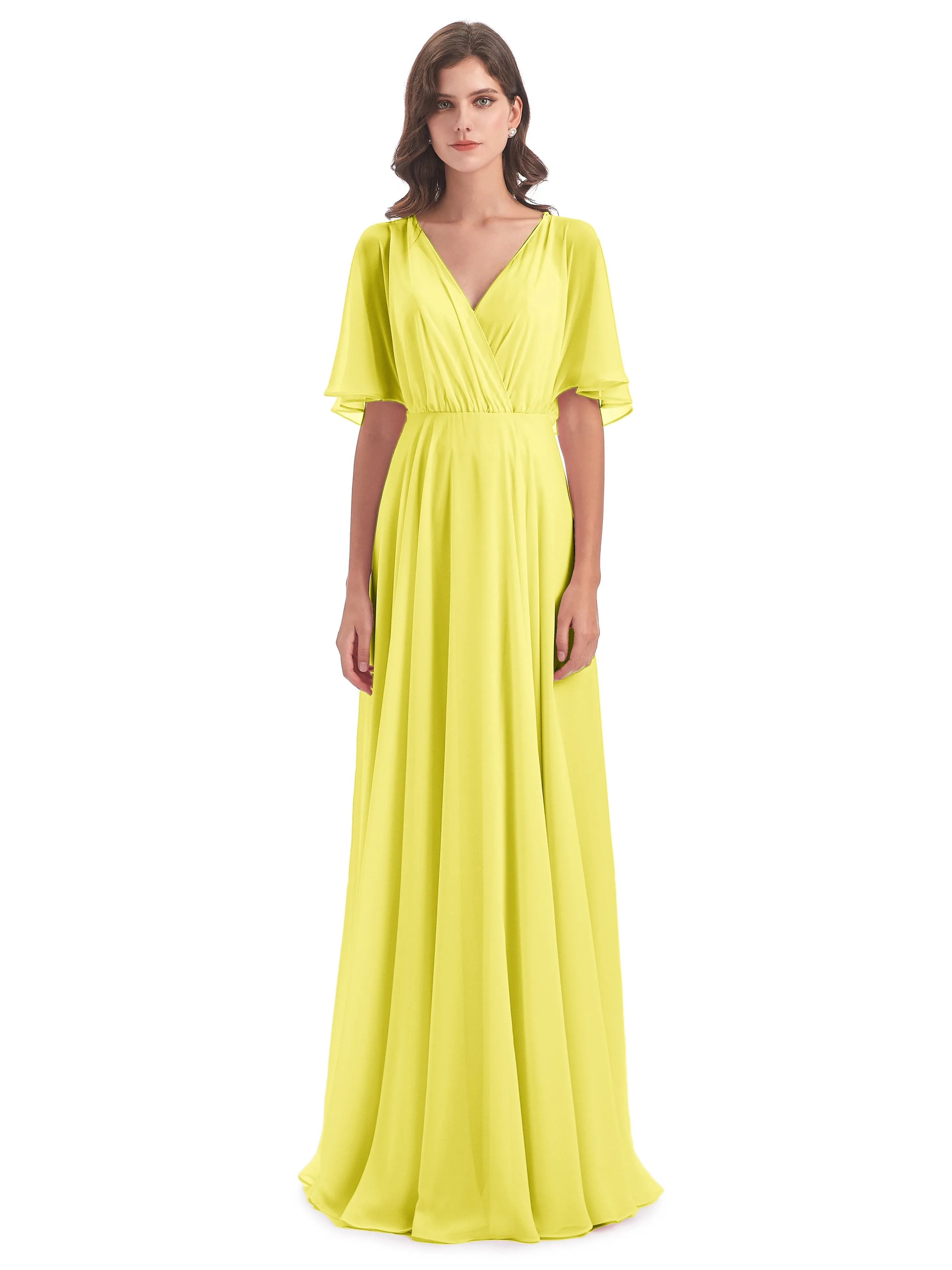 Ada Casual Chiffon A-line Short Sleeves Long Chiffon Bridesmaid Dresses