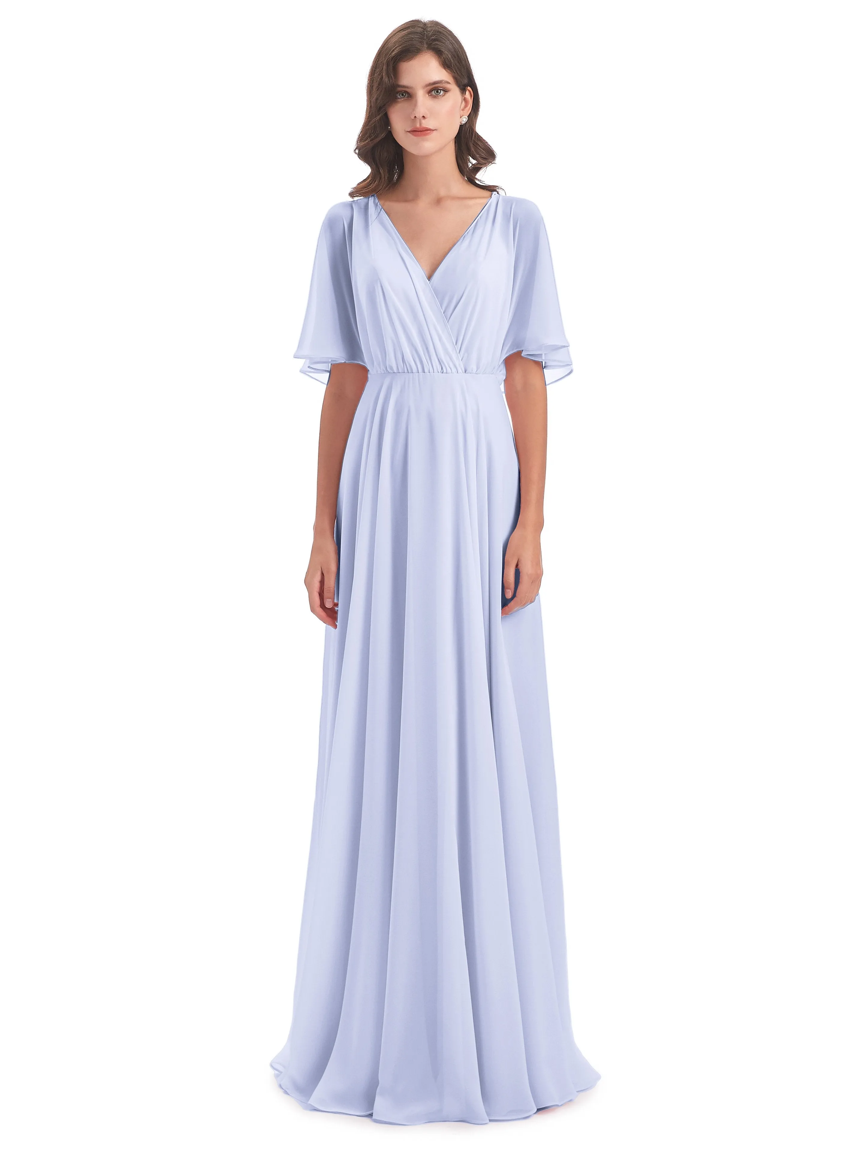 Ada Casual Chiffon A-line Short Sleeves Long Chiffon Bridesmaid Dresses