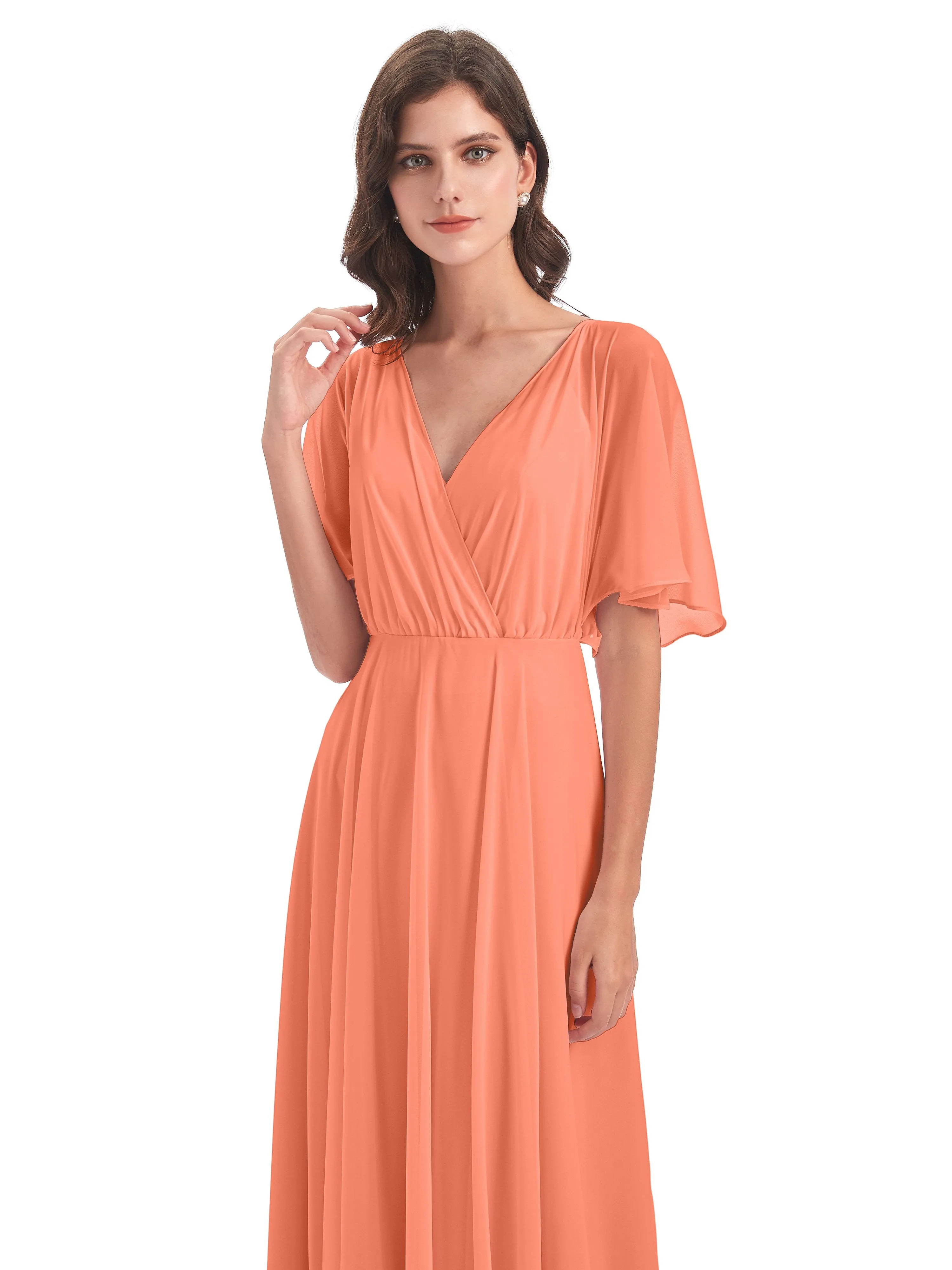 Ada Casual Chiffon A-line Short Sleeves Long Chiffon Bridesmaid Dresses