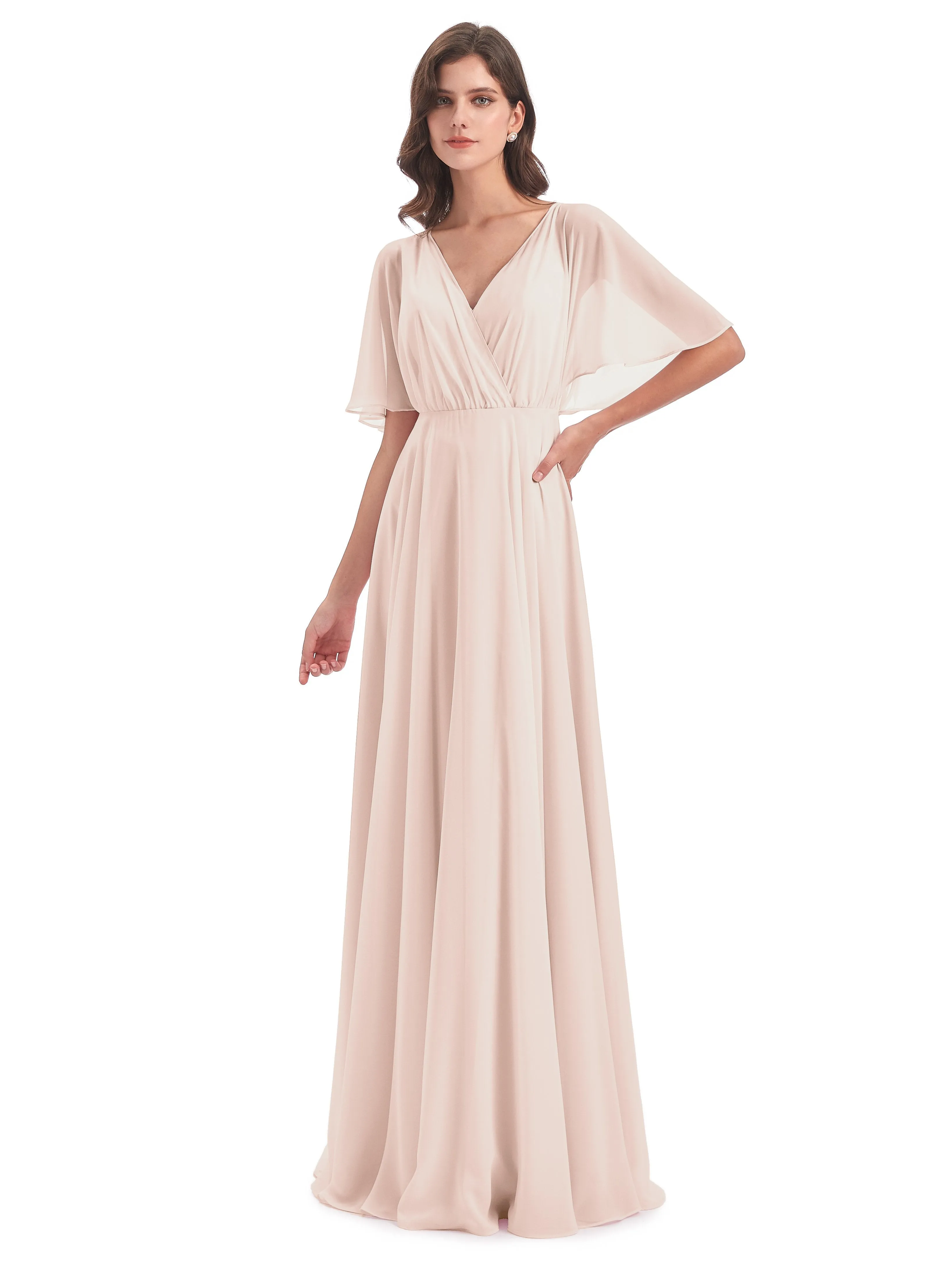 Ada Casual Chiffon A-line Short Sleeves Long Chiffon Bridesmaid Dresses