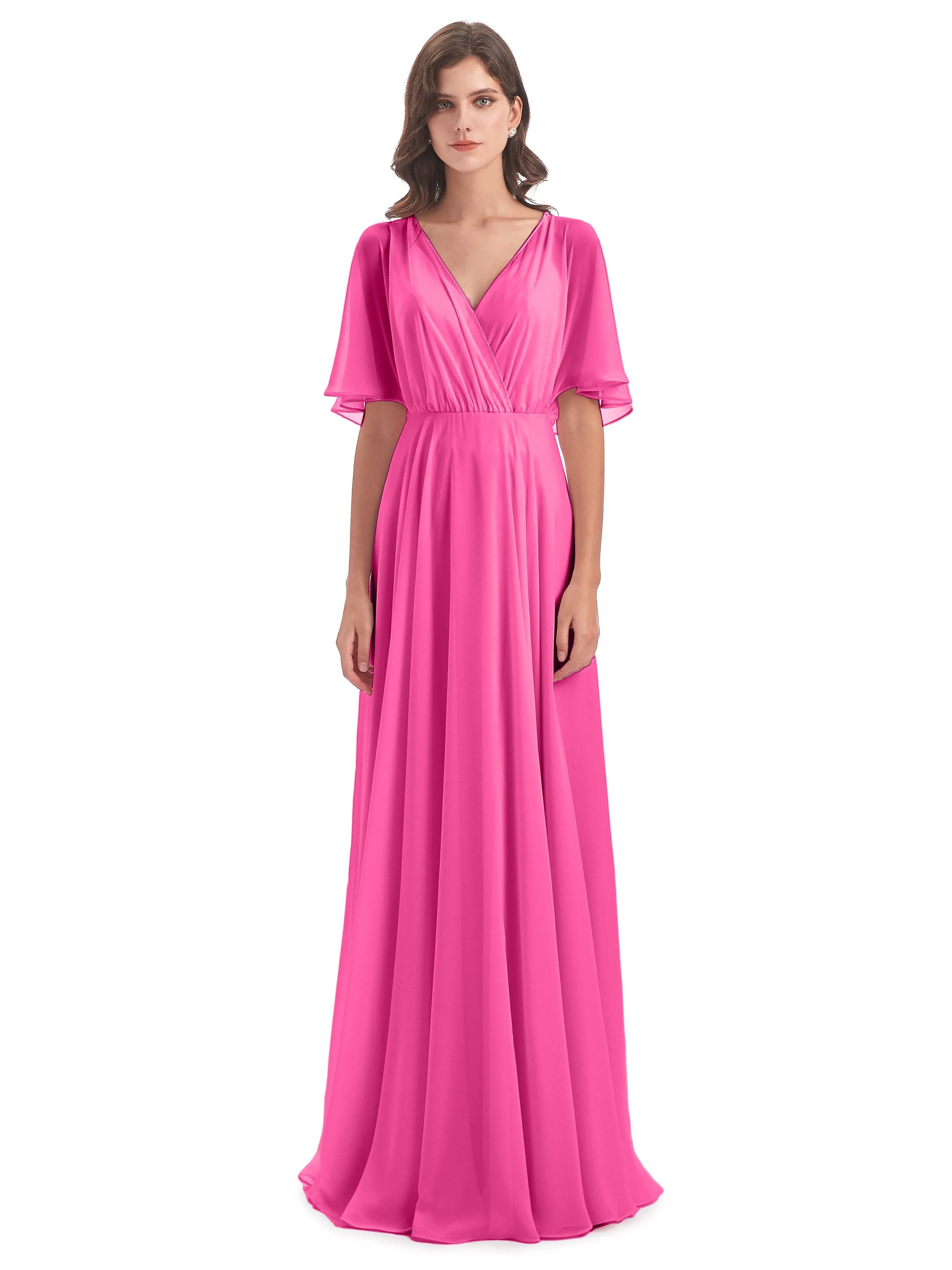 Ada Casual Chiffon A-line Short Sleeves Long Chiffon Bridesmaid Dresses