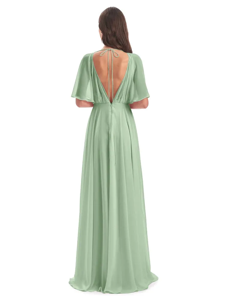 Ada Casual Chiffon A-line Short Sleeves Long Chiffon Bridesmaid Dresses